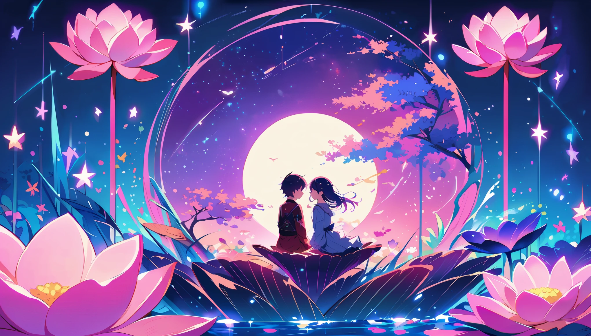 A couple sitting on the edge of glowing pink lotus flowers, watching the moon in the style of digital art. The background is purple with stars and lights. They gaze at each other affectionately under the bright full moon light.