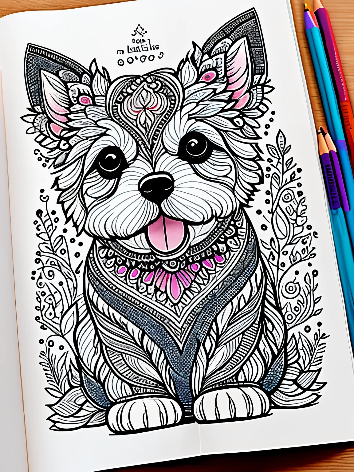 a hand painted a page of a book with cute dog puppy, coloring book cover, mandala, hyper detailed line art, coloring expert