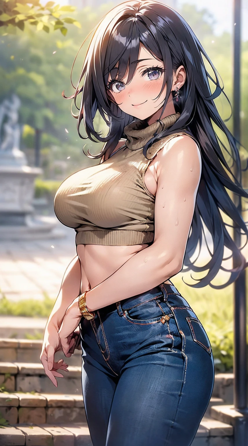 (tampo da mesa, Mais alta qualidade, high resolution, , Pixel Perfeito, 4K,), 1 garota, Solteiro, sozinho, linda mulher、Eu pude ver todo o corpo、 ((cabelo meio ondulado, franja, Cabelo castanho)), ((olhos castanhos, beautiful eyelashes, realista eyes)), ((rosto detalhado, corar:1.2)), ((textura lisa:0.75, realista texture:0.65, realista:1.1, Estilo CG de anime)), medium breasts, dynamic angle, corpo perfeito, ((, Beige sleeveless sweater with turtleneck、Saia jeans justa、meias pretas、lindo colar、brincos、Abra bem as duas pernas、ajoelhe-se)), olhar para cima、shy smile、sit on the stairs of the university campus、Angle from below、enfatizar o peito、、pink lace panties are visible、