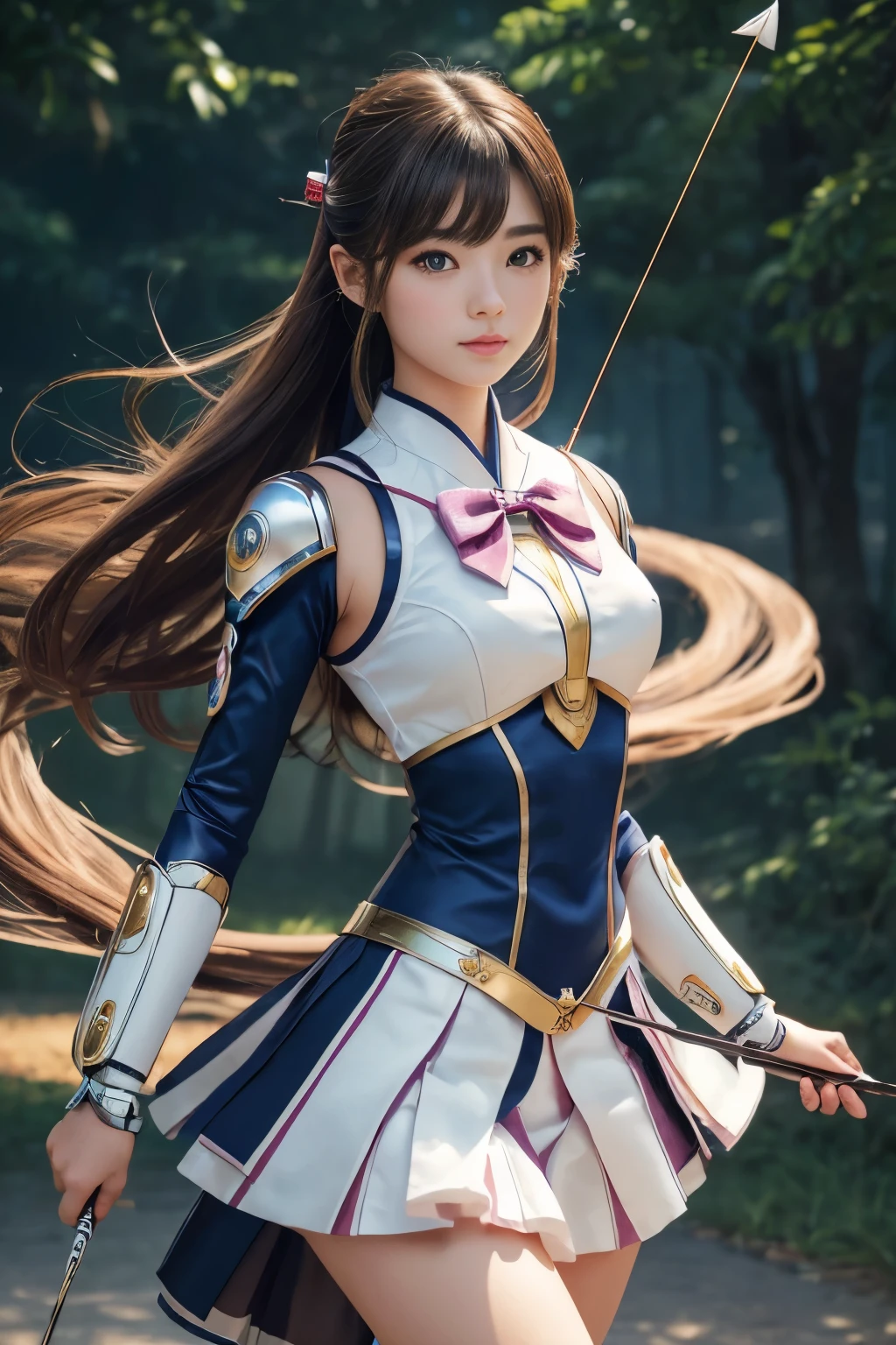 (highest quality ,High resolution,masterpiece:1.2), Super detailed, realistic:1.37, (perfect anatomy), whole body,1 girl, Cute and perfect beautiful Japanese girl ,Kyudo,(Modified to Magical Girl;1.3),Torlook, beautiful eyes, battle pose, whole bodyっぽい, detailed facial features, fine hair, detailed costume, wonderful eyes, beautiful lips, brown hair , (Details include a futuristic design of a white bionic magical girl outfit and a navy blue long skirt),Magic bow、Magic Arrow、