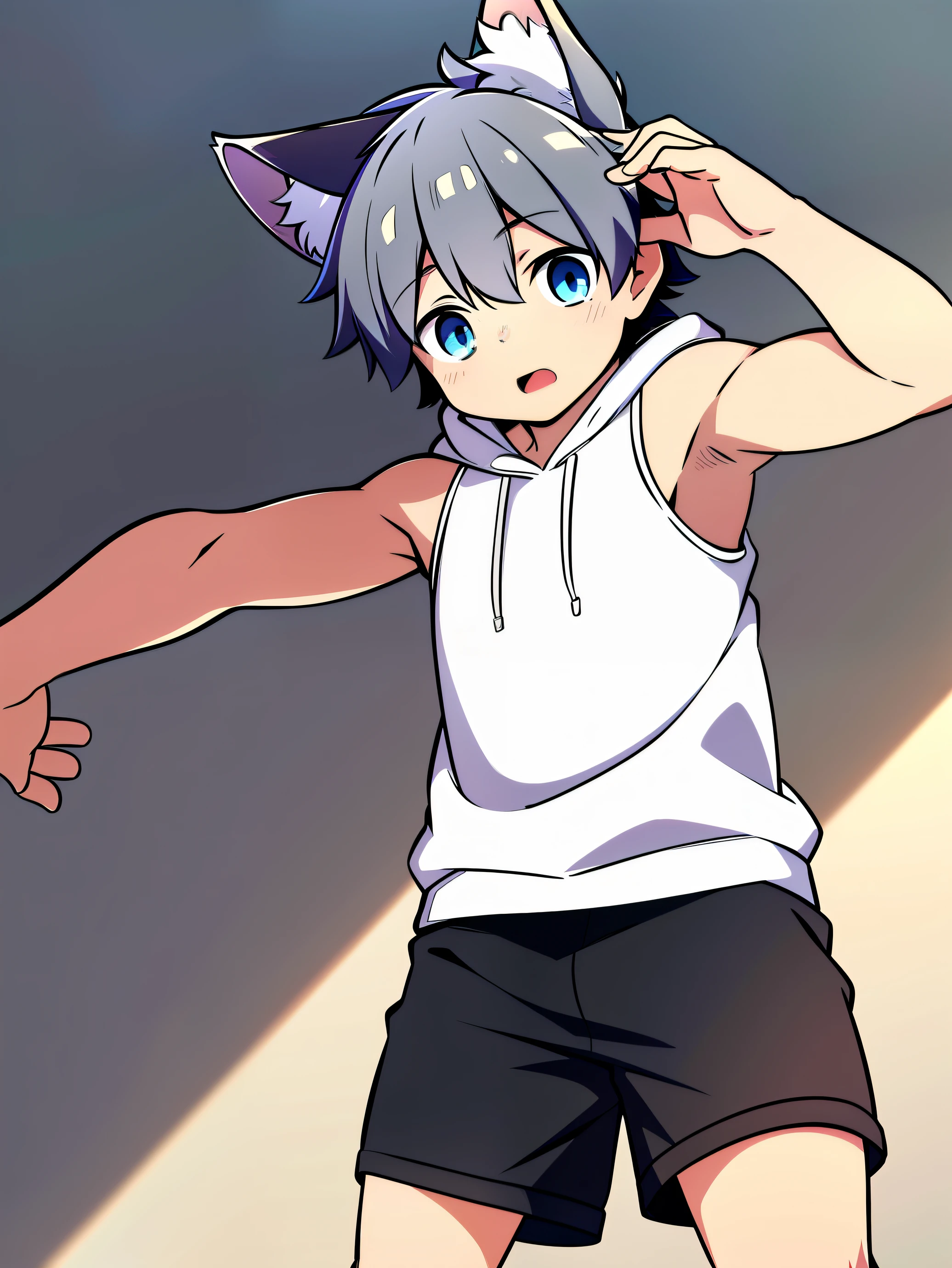 highres,Masterpiece, Best quality at best,Best Quality,hight quality, hight detailed, Anime style, 1boy, **********, Shota, Furry, Cheerful boy, Cat boy, Cat ear, Grey fur, Sleeveless hoodie, Shorts, Simple beckground, (showing armpit, Smooth armpit), boy focus, Uhd,