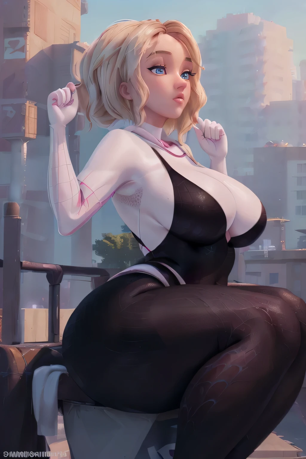 ((masterpiece)), ((photorealistic)), ((sharp focus)), ((UHD)), ((8k wallpaper)), ((best quality)), (perfect quality), (view from back), solo, girl, gwen stacy, short white hair, pose: ( (sitting), shy pose, arm on waist, sexy pose), face: ( (very beautiful face), (perfect face), cute face, young, (plump cheeks), (plump face)), figure: (very full body, ((huge breasts)), (very thick), (sexy curves), (very curvy), (very chubby), (chubby belly), (chubby belly bottom), (belly bulge), (wide waist), (fat ass), thick thighs), clothes: (organic looking clothes, simbionte, tight spider woman suit)