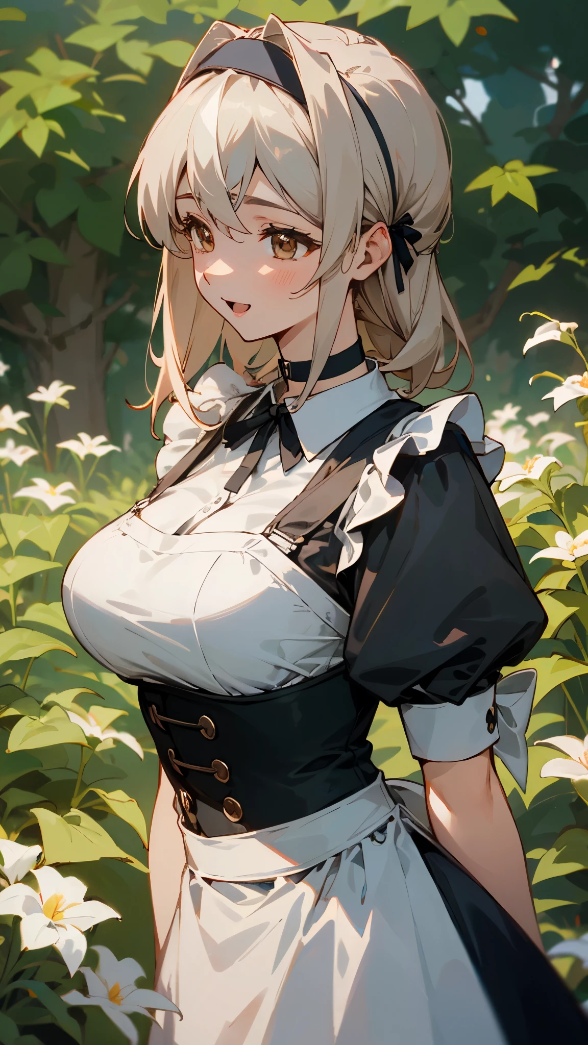 very delicate、1 beautiful girl、anime painting、highest quality、masterpiece、super detailed illustrations、upper body close-up、the most knowledgeable girl、fluffy hair、white streaked hair、Beautiful brown eyes、smile、opened your mouth、round face、colored skin、big breasts、perfect female body、From the side、Black shirred maid dress、apron、Black corset with straps、headband、Choker Ribbon、cufflinks、shiny、outdoor、garden、bright、cinematic lighting、sharp outline