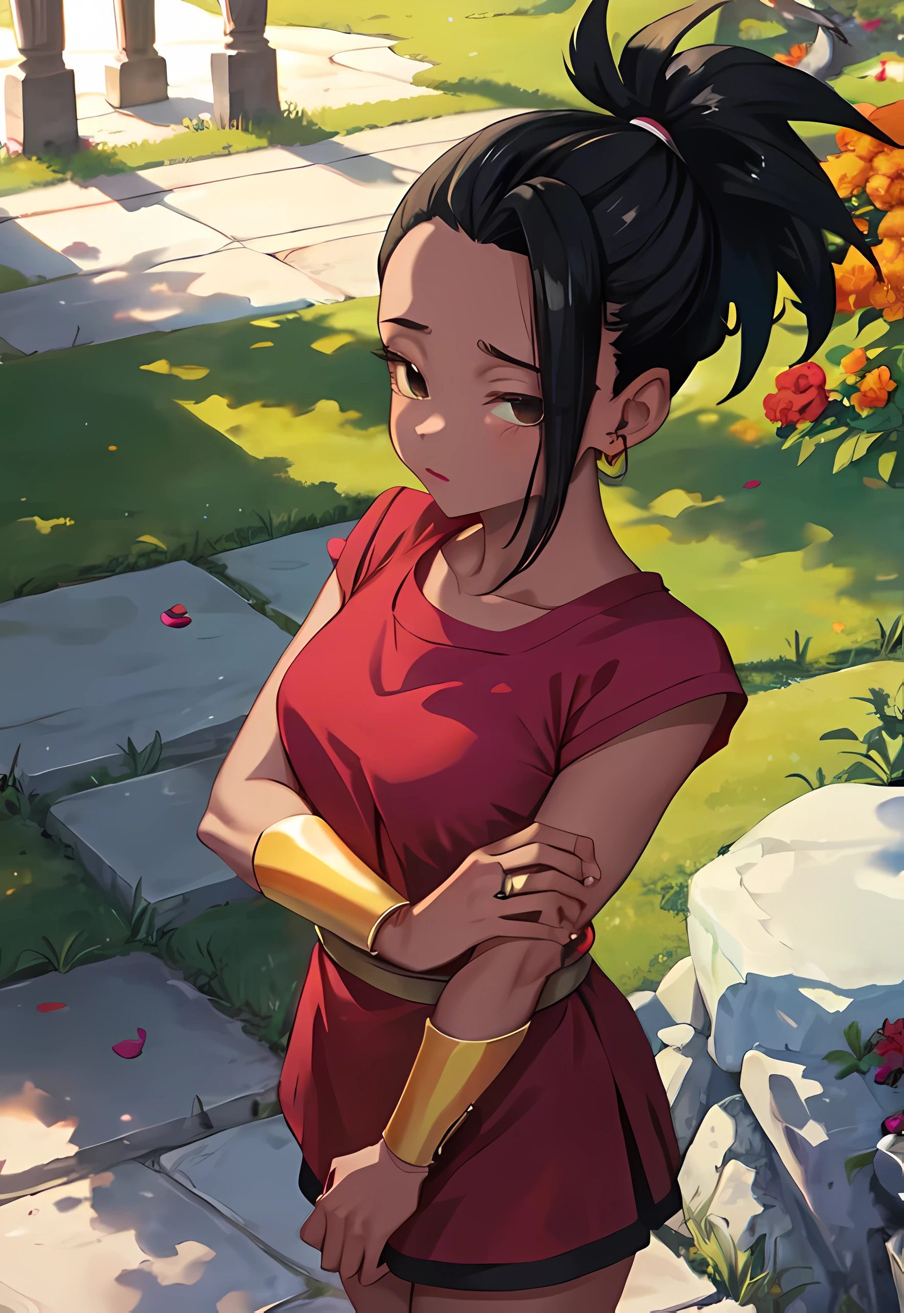 artwork, best quality, Kale, black eyes, ponytail, top cut, armband, red skirt, torso, standing, looking at viewer, nervous,  In a lush botanical garden, flowers in every color of the rainbow bloom amid verdant foliage.  The color palette is vibrant and diverse, with vivid shades of red, orange, yellow, green, blue, purple and pink, creating a breathtaking scene.  Golden sunlight bathes the scene, enhancing the colors of the flowers and casting soft shadows on the stone floor.  Every detail is lit naturally, highlighting the beauty and vivacity of this enchanting place. close up Light brown girl, black hair, shy look, heat, in love, looking at the viewer, dragon ball eyes style