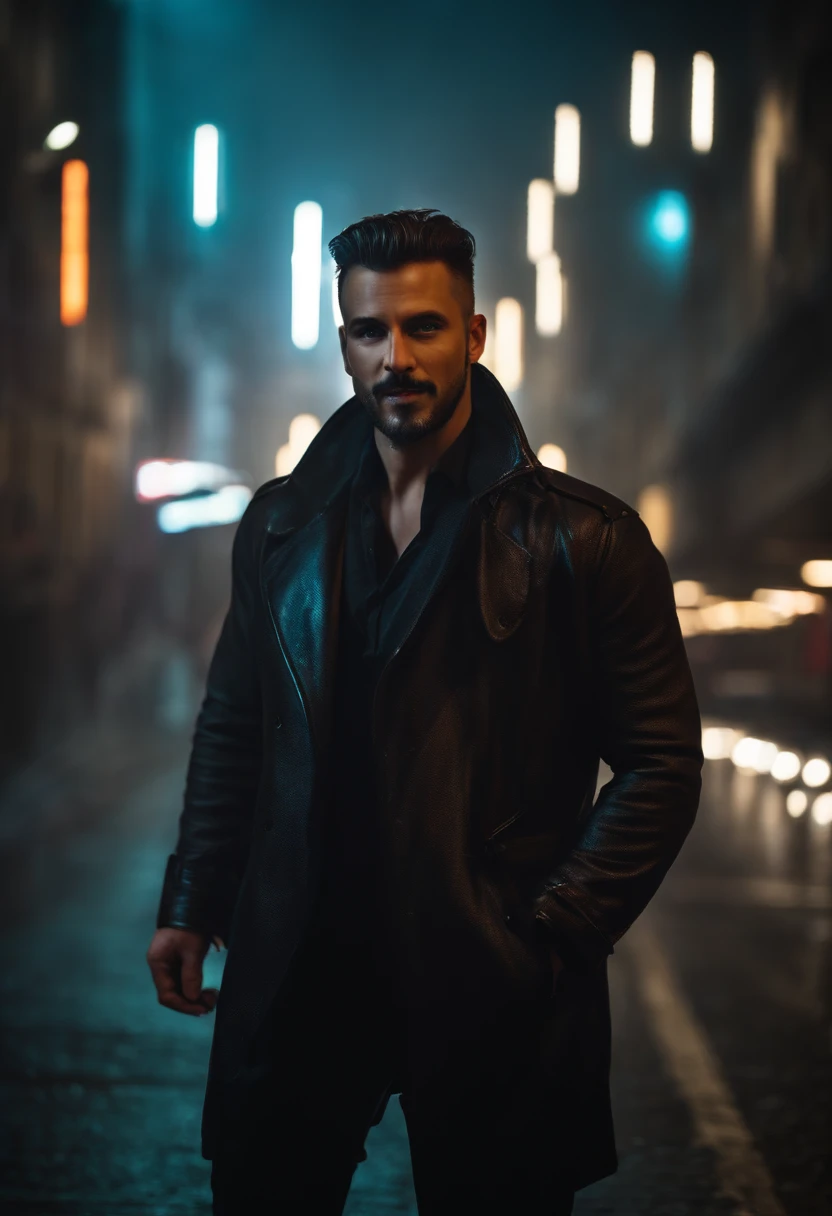 retrato aproximado de Sksman, sorridente , Facial hair, usando cosplay de blade runner , com corte de cabelo muito curto , cyberpunk street background at night, epic (foto, studio lighting, luz forte, sony a7, 50mm, pele fosca, poros, cores, hiperdetalhado, hiperrealista), Caçador de androids 2049