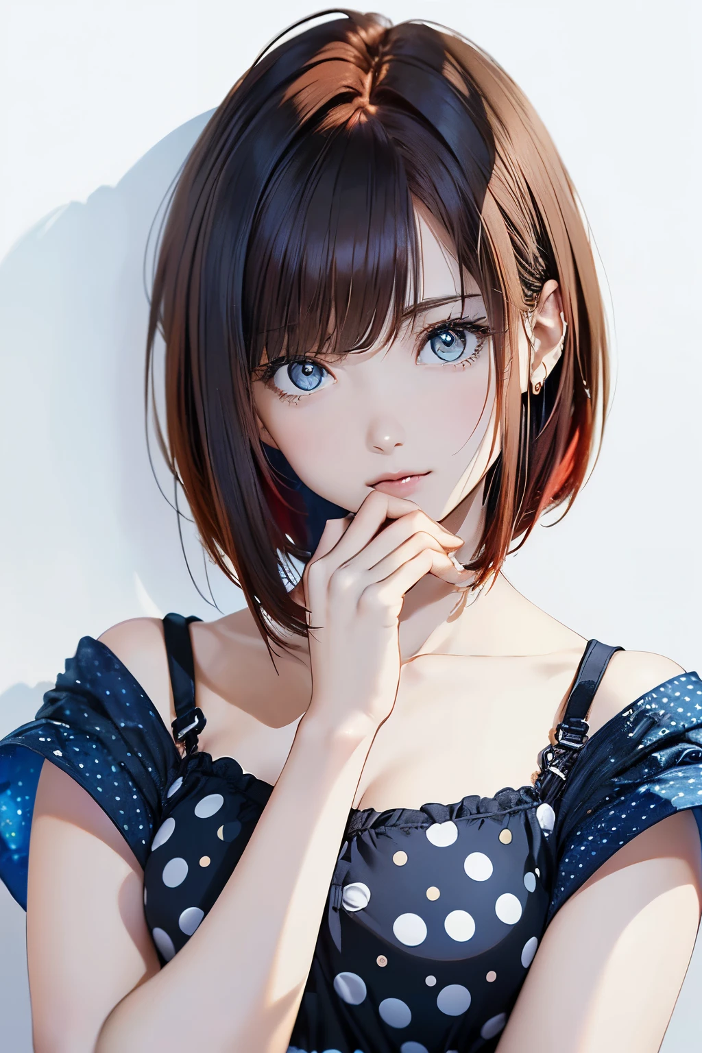 (highest quality, 8K, oil, table top:1.2), Super detailed, (realistic, realistic:1.37), (((full body shot)))、Bright colors, (((Disappointed look)))、(((Black and blue polka dot outfit)))、(((blue camisole)))、(((20Women of a certain age)))、(((ほyeahのり見える胸元)))、studio lighting, (((redhead)))、(((shoulder length bob hair)))、((( white background))), (((I'm hesitant.)))、(((girly hairstyle)))、(((The background is a pure white wall)))、(((in front of a white wall)))、(((cover your face with your hands)))、(((yeah)))、