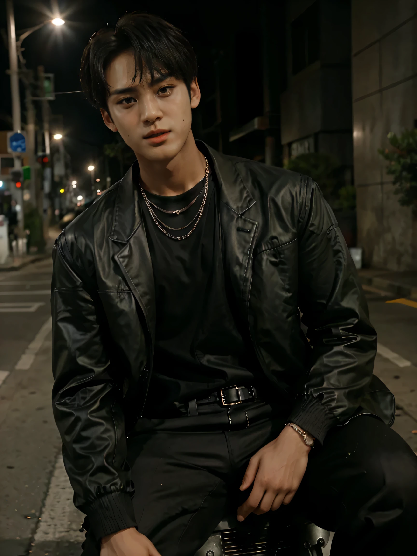 Mingyu seventeen, kim mingyu, 1 boy, motorbike, on the street, wearing a black jacket, necklace 