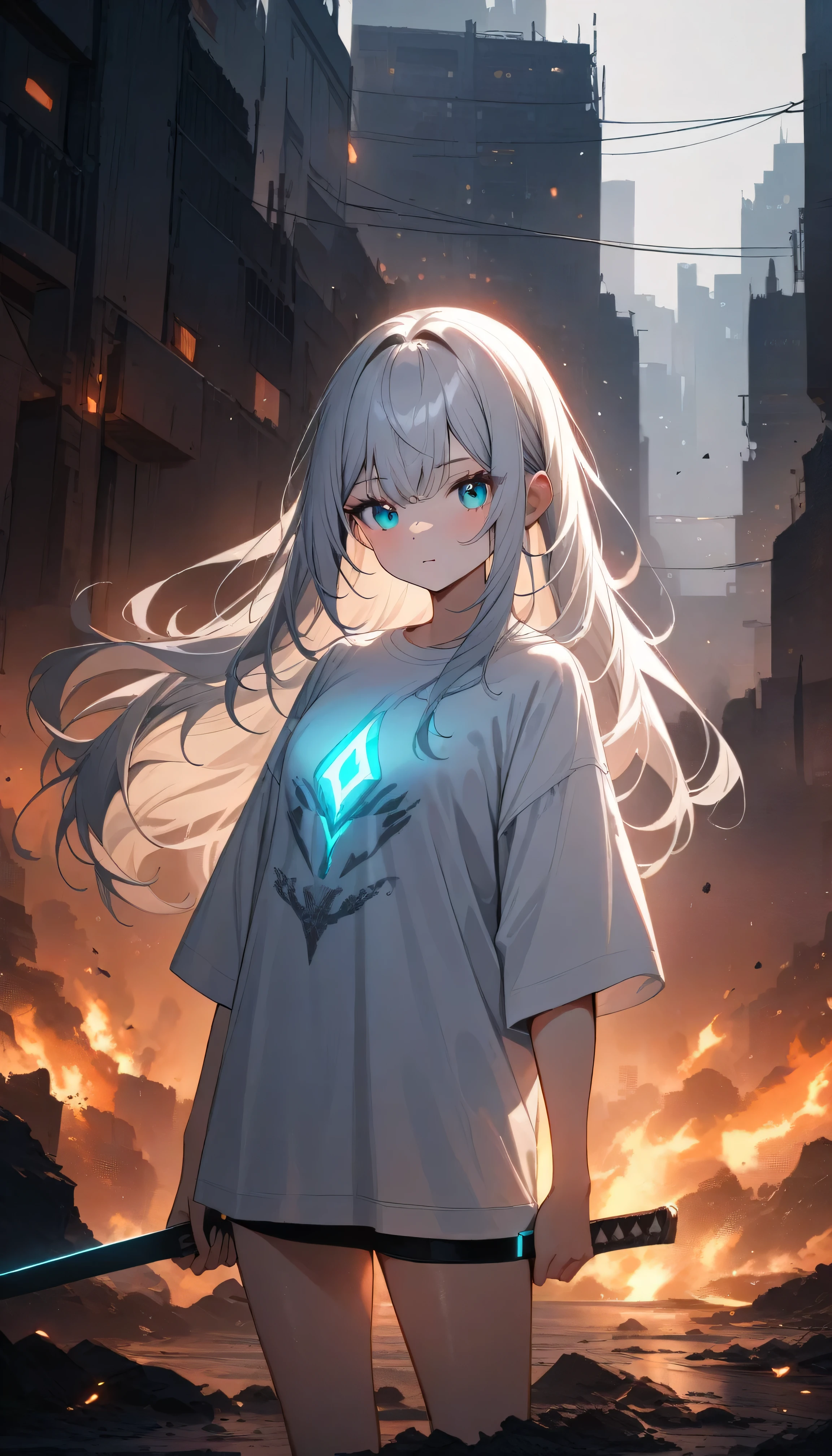 Resolution full, best quality, masterpiece, full HD, beautifull girl, foggy theme, super detailed, 1girl, cute girl, long hair, silver hair, detailed beautiful Aqua eyes, white T - shirt oversized, in wasteland, in burning city, holding glowing sword, shadows surroundings girl, has a lighting power