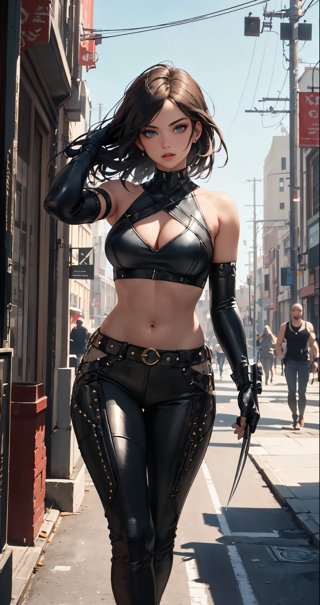 (best quality,4k,8k,highres,masterpiece:1.2),ultra-detailed,(realistic,photorealistic,photo-realistic:1.37), HDR,UHD,studio lighting,ultra-fine painting,sharp focus,physically-based rendering,extreme detail description,professional,vivid colors,bokeh,portraits,landscape
A masterpiece depicting a detailed city scenario with a mesmerizing background. The city scene is bustling with life, featuring skyscrapers reaching towards the sky. The architecture is stunning, with intricate details on every building, showcasing a blend of modern and futuristic elements.
In the center of the scene stands a solo figure, Laura Kinney, also known as X-23. She is dressed in a black leather top cropped to reveal her toned abdomen and wears sleeveless black leather pants. Her attire perfectly accentuates her agile and fierce nature. She completes her outfit with long gloves, adding a touch of elegance to her ensemble.
Laura strikes a captivating pose, radiating confidence and strength. Her captivating eyes, detailed with beautiful precision, reveal her determined spirit. Her full, luscious lips add a hint of allure to her expression. With every brushstroke, her face comes to life, capturing her true essence.
The image quality is of the highest caliber, ensuring every detail is immaculately portrayed. The resolution is set at 4k, 8k, or even higher for an unrivaled viewing experience. The level of realism achieved is beyond compare, bringing the artwork to the realm of the photographic.
The art style chosen for this masterpiece is a blend of portraiture and landscape, merging the beauty of the human form with the grandeur of the cityscape. The colors used are vibrant and eye-catching, immersing the viewer in a world of vivid hues. The lighting is carefully crafted to accentuate the features of both the city and Laura, creating a harmonious interplay of light and shadow.
In summary, this prompt describes a visually stunning and captivating artwork, showcasing a detailed city scenari