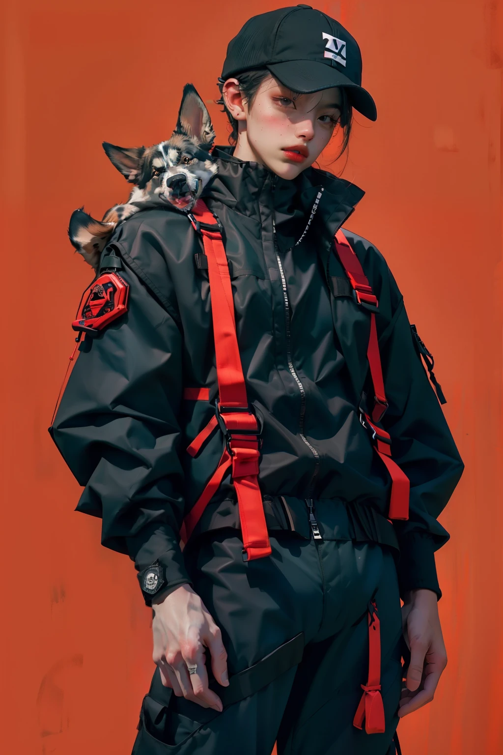 a dog with techwear clothes, and crimson red techwear, in inferno background