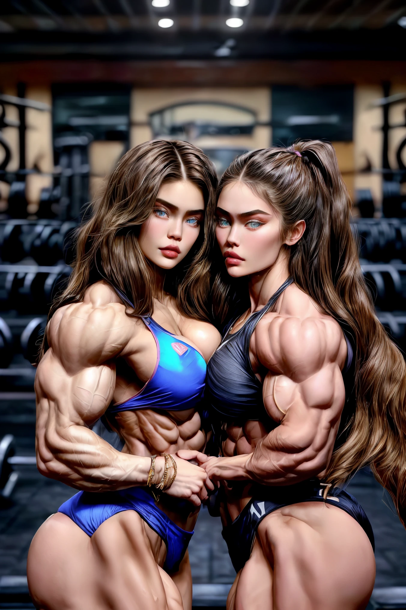 (2 girls body builders:1.6), ((masterpiece)), best quality, ultra-detailed:1.7, finely detail, high resolution:1.6, perfect dynamic composition, beautiful detailed faces:1.77, blonde babes:1.88, perfect pink lipstick, blue eyes, perfect makeup:1.8, short bikini , extra large breasts:1.4, lovely look:1.7, gorgeous face:1.6, defined muscles:1.4, beautiful faces:1.8, alessandra ambrossio, izabel goulart, Kate Upton, Gigi Hadid, candice swanpoel ,popped out dense veins on muscles:1.8, hyper detailed picture:1.4, 8k resolution: 1.7, flex muscles:1.3, hyper muscular body shape:1.42, photorealistic:1.5, realistic:1.6, face masterpiece:1.74, good and professional lighting on picture:1.38, Ukrainian-Moroccan muscle beauty goddess, masterpiece 25 years old Kylie Jenner and Madison Beer as bodybuilders, extremely high resolution, hyper feminine beauty , hyper realistic texture , hyper muscularity, hyper vascularity, ripped body shape, ripped sexy ass with bikini, muscular ass , topless, kissing, good face details, hyper face detailing, doing sex, very detailed muscle fibres, sexy french kiss, romantic, romantic moment, serious muscle posing, hard muscular ass, ass muscle fibres, super unique beauty, bold veins on muscles, muscles fibres