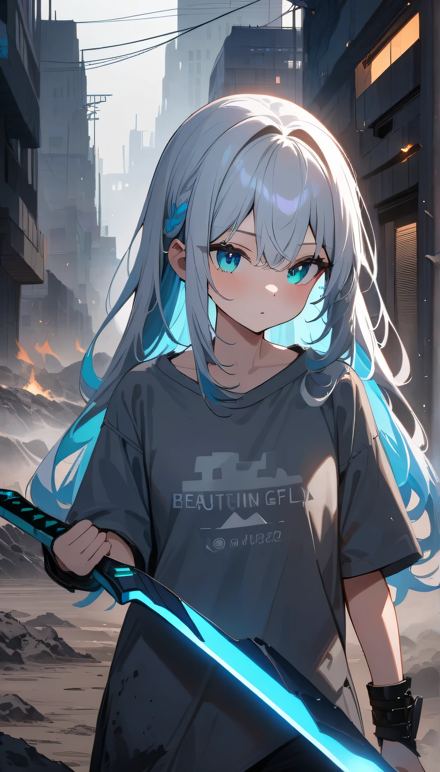 Resolution full, best quality, masterpiece, full HD, beautifull girl, foggy theme, super detailed, 1girl, cute girl, long hair, silver hair, detailed beautiful Aqua eyes, grey T - shirt oversized, in wasteland, in burning city, holding glowing sword, shadows surroundings girl, has a lighting power
