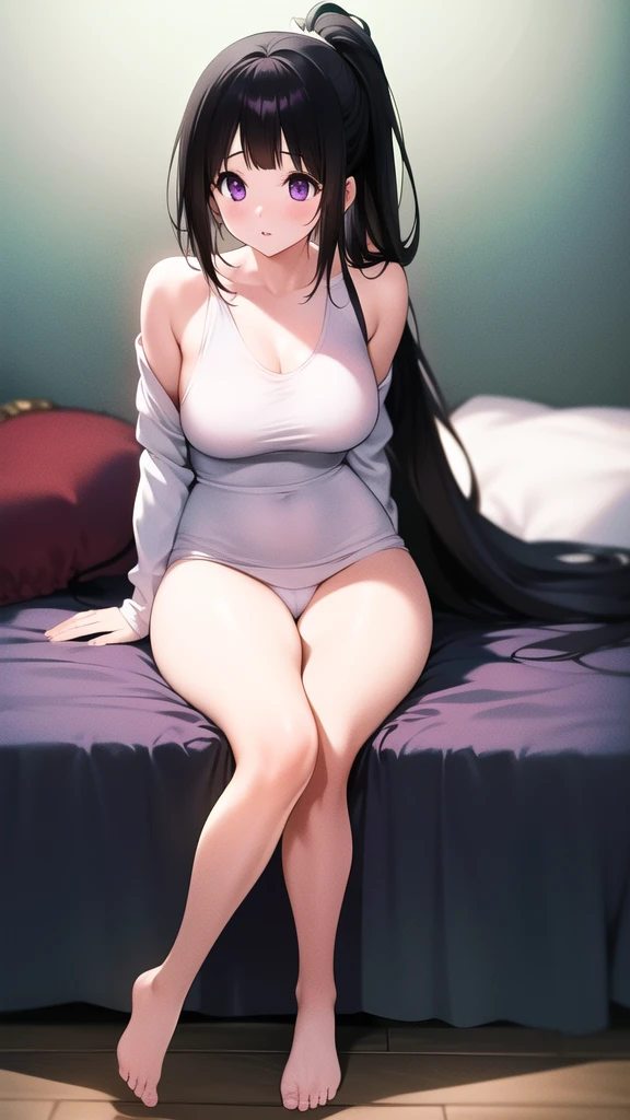 Stunning Chitanda, There is only one beautiful girl,purple eyes, black hair, single ponytail, straight bangs,extremely refined,adult face,lips open,flowing long hair,Peerless beautiful girl, dreamlike,Slim,soft, (Sensual), (kawaii), Dream quality,Wearing only a white sweater,Sitting on an eggplant pillow,extremely shy,Hands are not exposed,no pants,There are no shoulder straps,camel toe,no underwear,side breasts,showing areola,Bare thighs,bare shoulders,Clavicle exposed,bare neck,groin,barefoot,bare breasts,ultra high resolution, (masterpiece:1.2, best quality), (Exquisite and beautiful eyes: 1.2), (Beautiful and delicate face)