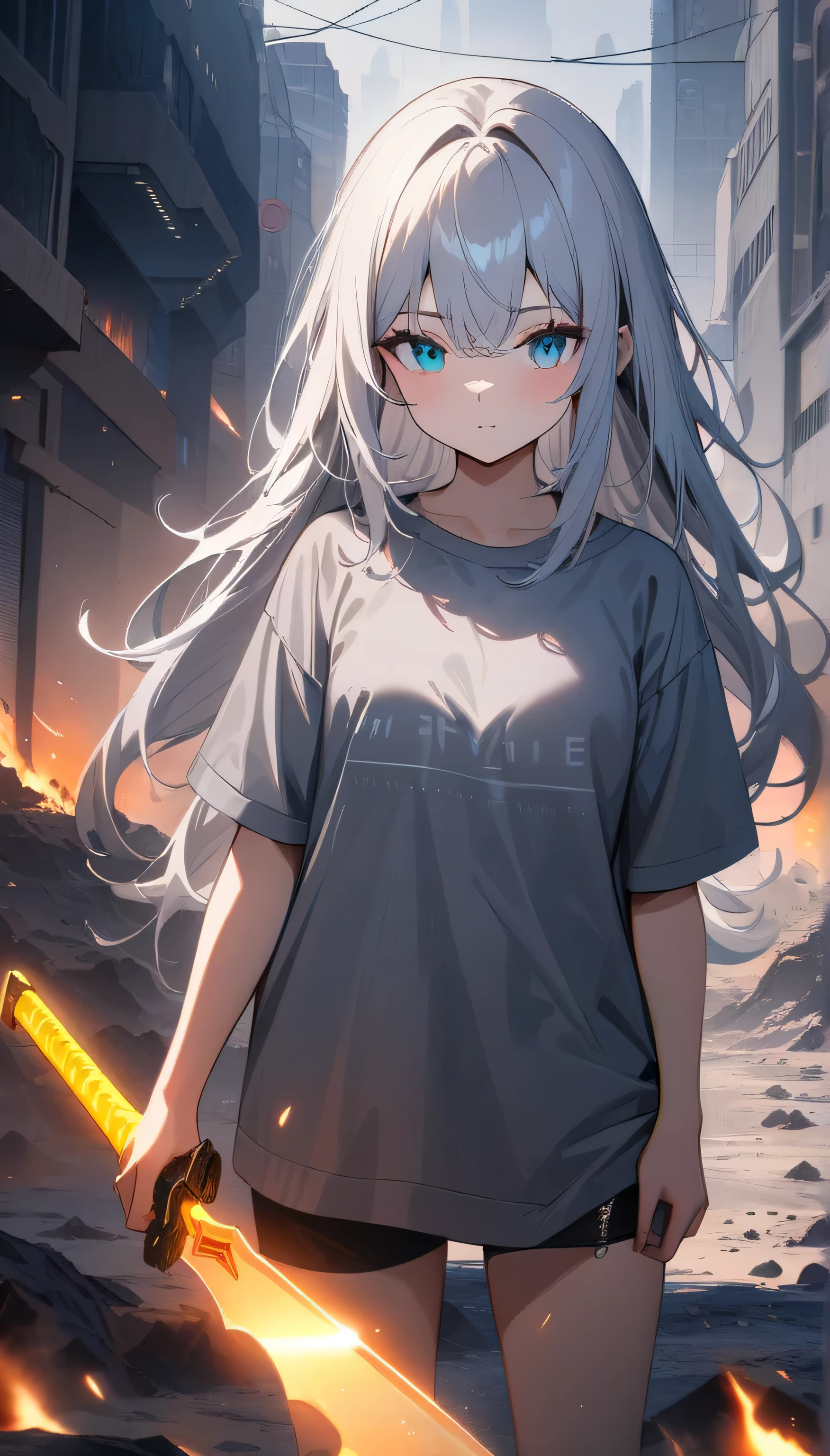 Resolution full, best quality, masterpiece, full HD, beautifull girl, foggy theme, super detailed, 1girl, cute girl, long hair, silver hair, detailed beautiful Aqua eyes, grey T - shirt oversized, in wasteland, in burning city, holding glowing sword, shadows surroundings girl, has a lighting power