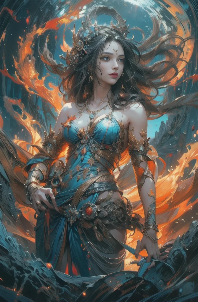 orange tone, spirit of flame, burning flame, Scorching Magma,goddess of fire, Raging flames, Goddess of Wrath, 4K fantasy art, Written by Gene Jay., fantasy art style, 2. 5D CGI Anime Fantasy Artwork, epic fantasy art style hd, Epic fantasy digital art style, detailed fantasy art, Detailed digital 2D fantasy art, Luan Jia and Artgerm, 8K fantasy art, sharp outline, very fine and beautiful eyes, Beautiful and delicate blue eyes, pretty much beautiful face, unparalleled beauty, masterpiece, highest quality, perfect angle, perfect composition, best shot, official art, cinematic light, very beautiful and fantastic scenery, chivalry dream, sense of presence, Michael&#39;S letter, Christoph Huge 、Ultra-precision coating, luminism, art by Carne Griffiths and What a bone concept art, 4K resolution, Fractal isometricdetailed bioluminescence , 3D rendering, octane rendering, intricately detailed , cinematic, Trending isometric surreal cover photos、art station&#39;amazing full color, handwritten, Defining a hit , cinematic,amazing background, abstract beauty,stand, approaching perfection, pure form, golden ratio, minimalistic, unfinished, concept art, Written by Brian Froud、khan griffith、What a bone、john william waterhouse, intricate details, 8K post production, High resolution, hyper detail, art stationのトレンド, studio photography, intricate details, Extremely delicate and detailed painting style, Beautiful painting art, greg latkowski, close, women only
