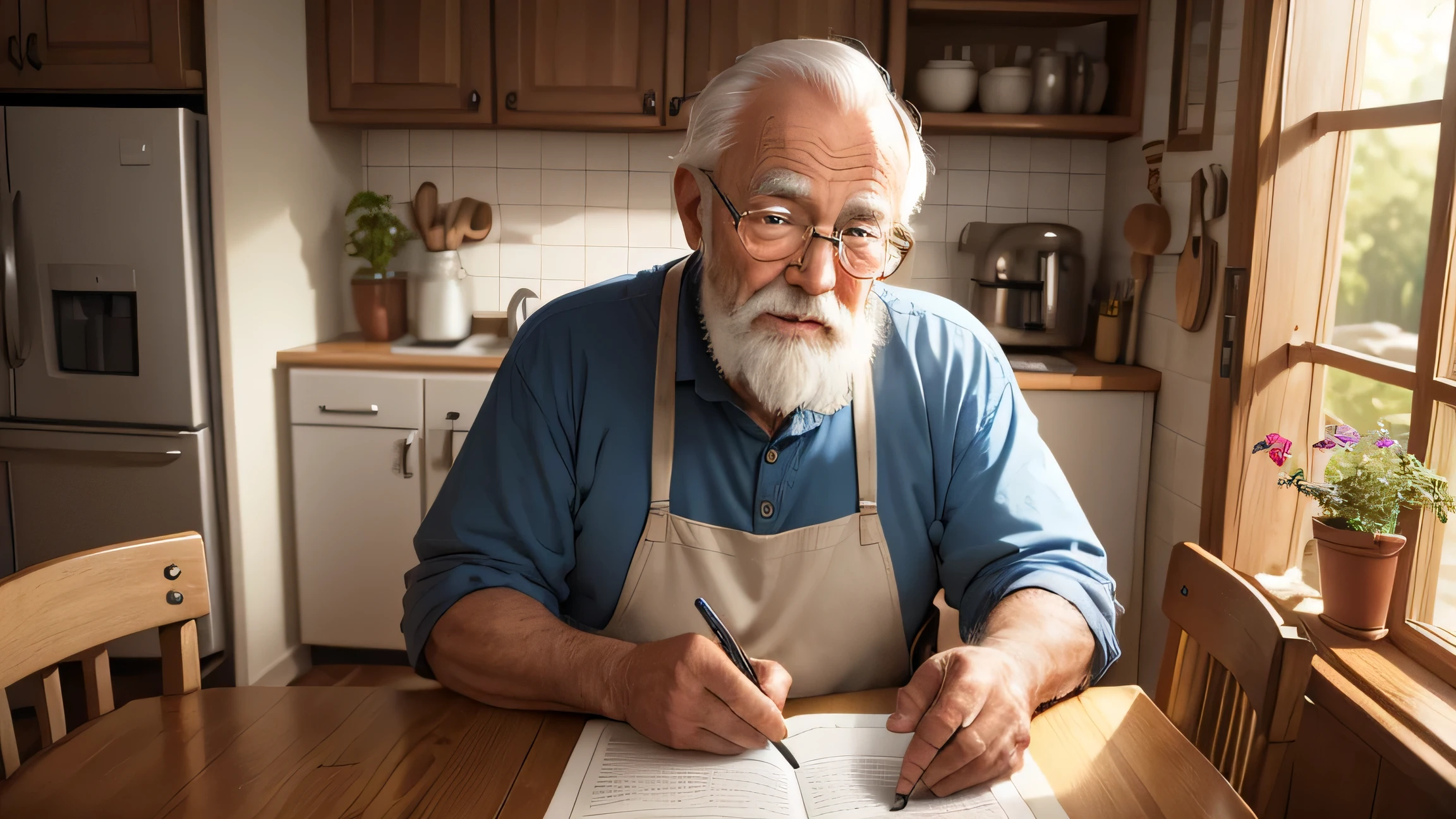 grandpa looking old man avatar sitting at kitchen table facing the camera. Telling a story