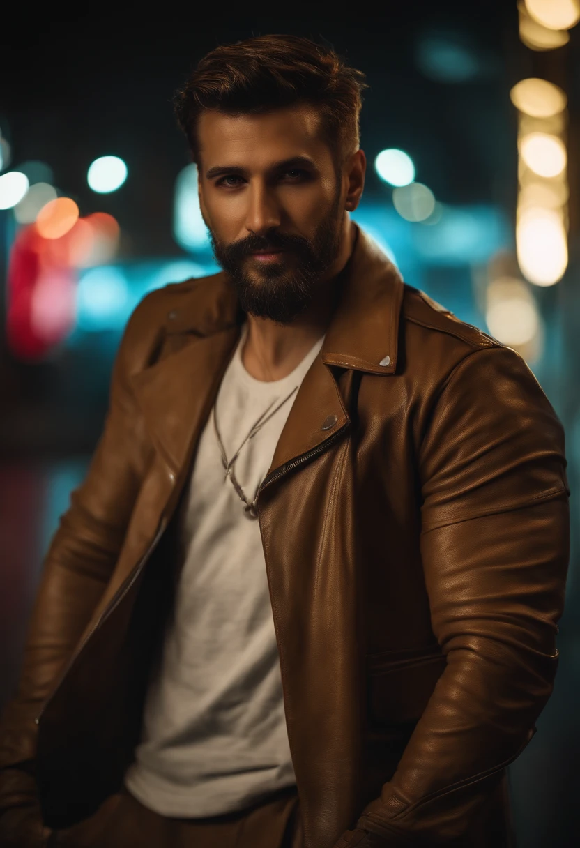retrato aproximado de Sksman, sorridente , Facial hair, usando cosplay de blade runner , com corte de cabelo muito curto , cyberpunk street background at night, epic (foto, studio lighting, luz forte, sony a7, 50mm, pele fosca, poros, cores, hiperdetalhado, hiperrealista), Mulher Pris. Caçador de androids 2049