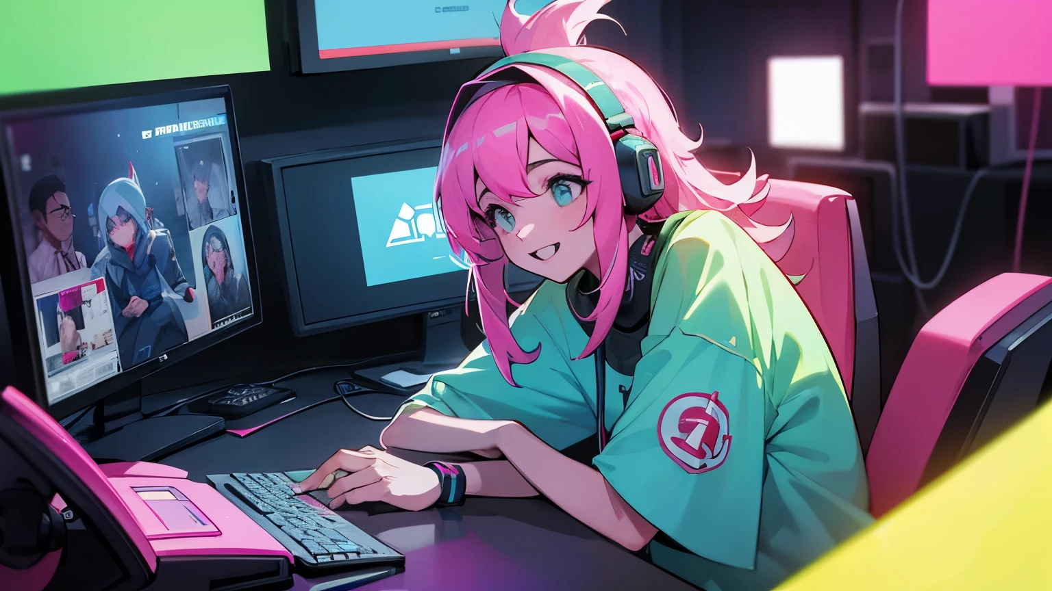 garota feliz jogando  no computador gamer com fone de ouvido, neon