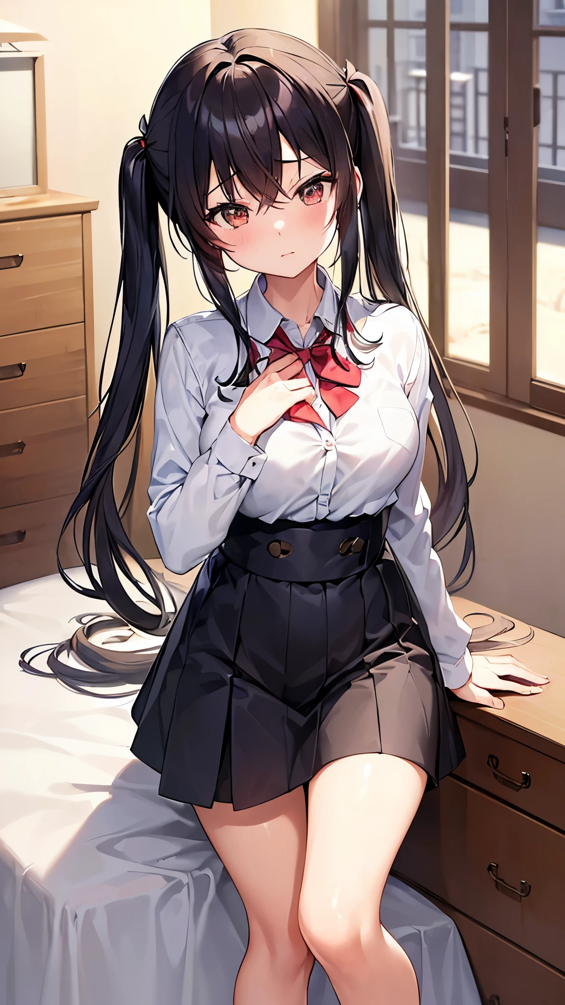 1 girl, ((((masterpiece))), highest quality, highest quality, high detail, azusa nakano, 1 girl, Sakuragaoka High School Uniforms, musical instrument, , twin tails, long hair, black hair, brown eyes, alone, red, 濃い青色のブレザーにredい細いリボンが付いています, Plain white button shirt under blazer, figure, comics, soothing tone, calm colors, soft movie-like light, Adobe Lightroom, photo lab, HDR, complex and highly detailed, (((Depth of the bounds written))))). (((masterpiece))). (((highest quality))).) ((Super detailed))). (((figure))). (((indoor))). (((put your hand on your waist)))). chest,(((room))).dynamic focus.小さなchest.
