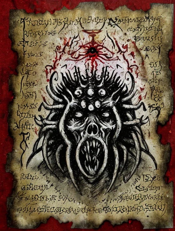 Necronomicon Sketch, text, the king in yellow Hastur, (red blood splatter), 