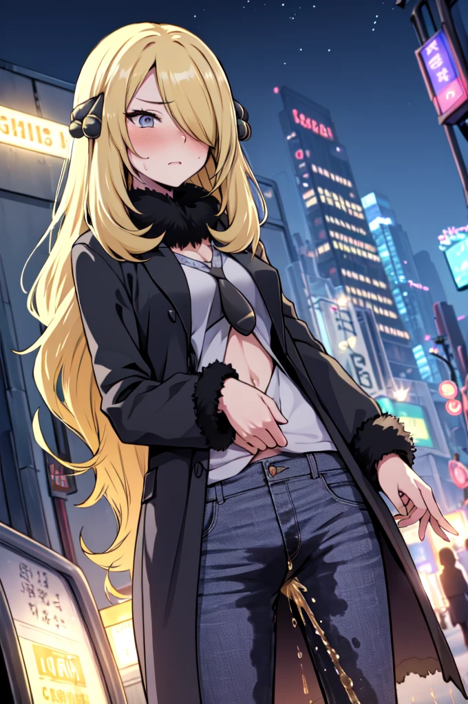 1girl,(solo:1.5),(solo focus:1.5),Cynthia,blonde hair,hair over one eye,hair ornament,very long hair,wavy hair,grey eyes,large breasts,desperation,standing,wetting self,peeing stain,fur collar,furr-trimmed coat,black pants,embarrassed,humiliated,futuristic,city,neon lights,(best quality,4k,8k,highres,masterpiece:1.2),ultra-detailed,vivid colors,sharp focus,long hair flowing in the wind,(colorful skyscrapers:1.5),reflection in the wet pavement,expressions of desperation and embarrassment captured perfectly,futuristic cityscape as the background,streets lined with towering buildings,intricate details in Cynthia's face and hair,subtle reflections in her grey eyes,subtle blush on her cheeks,revealing her embarrassment,intricate details depicting the large pee stain on Cynthia's pants