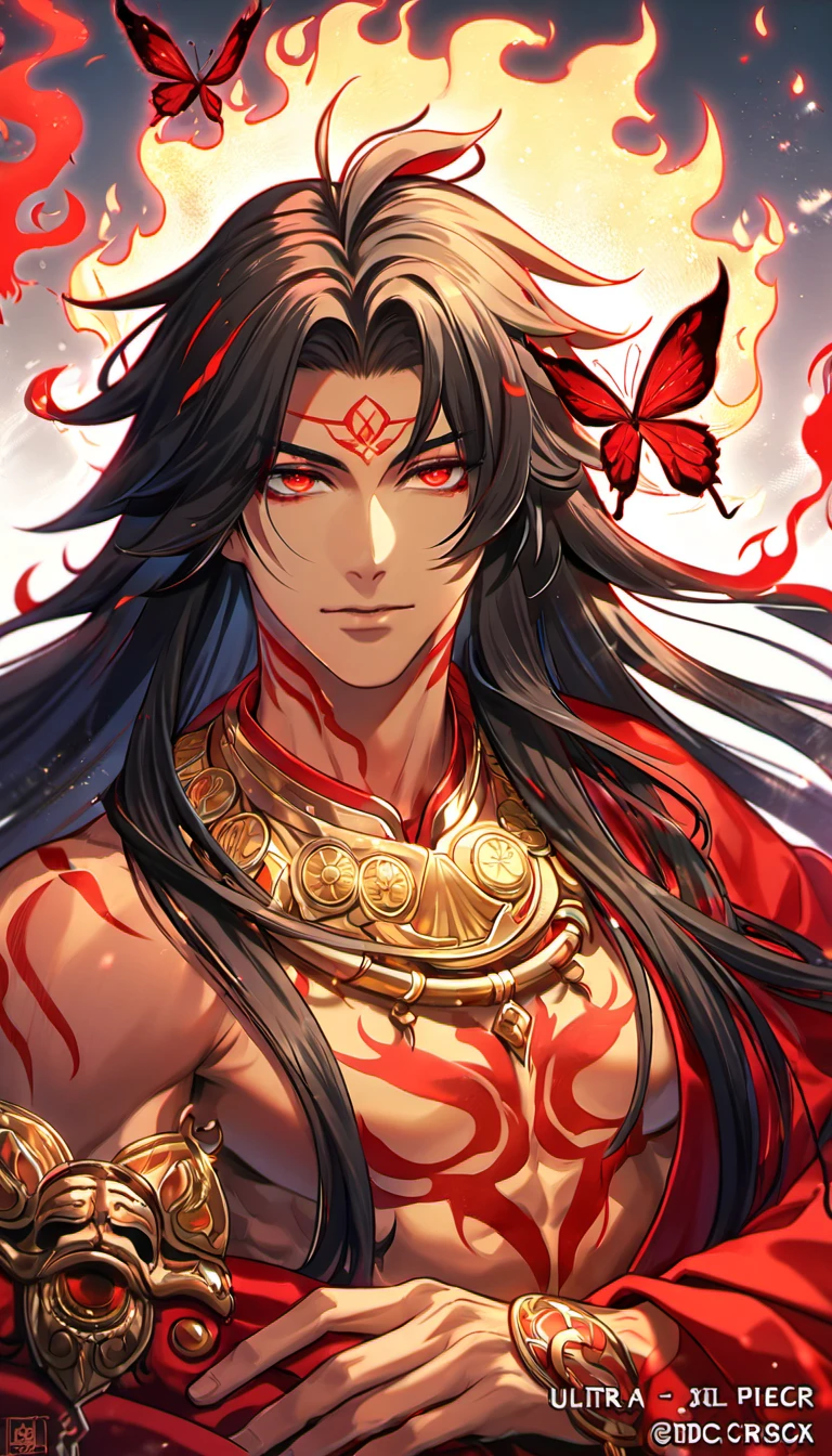 (absurdres, highres, ultra detailed, HDR), master piece, best quality, vibrant red eyes, 1man, handsome, Asura, tanned skin, black untamed long hair, black hair, red lotus mark on the forehead, red tunic, showing the chest, lotus earrings, onmyoji, moon, purple flames, purple butterflies, petals