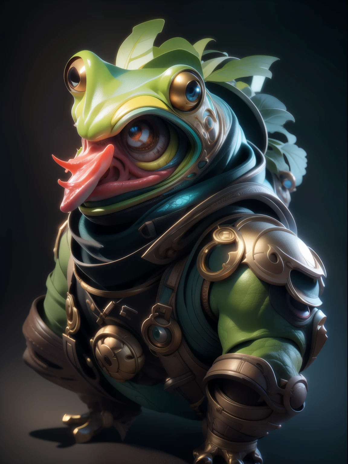 Great African frog, Muscular man, Take a bite of a large turkey leg. Realistic painting, Unreal Engine 5, ultra - detailed,  trending on artstationh, 4K, 8K, movie picture, Realistic, Photorealism, Ultra HD, Dramatic, Glowing, Rich colors, Powerful images, Psychedelic overtones, 3d final render, 3d shading, Cinematic lighting, artstation concept art