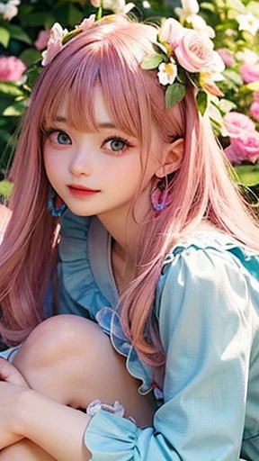 、small face、 (alone:1.5,)Super detailed,明るいcolor, very beautiful detailed anime face and eyes, look straight, shiny_skin,girl, (((虹colorの髪, colorful hair, 半分は白colorの髪、half pink hair: 1.2))), 、shiny hair, delicate beautiful face, blush、Glasses、(turquoise eyes), , Valletta, earrings,、ta dress、flower garden、Sitting among flowers、smile、happy face、face dyed red、color々pose、Head to toe full body portrait、(I can see the whole body)