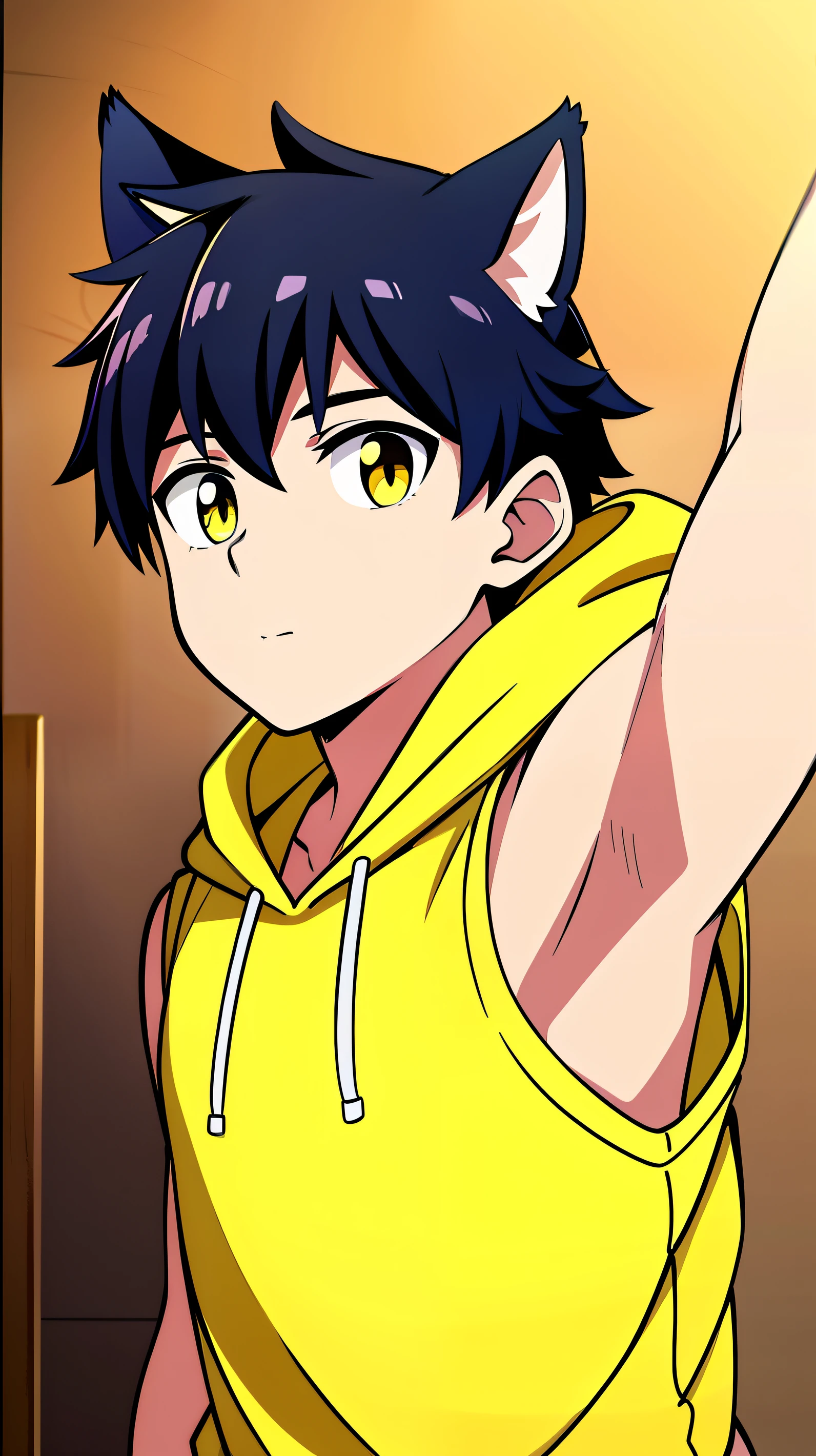 highres,Masterpiece, Best quality at best,Best Quality,hight quality, hight detailed, Anime style, 1boy, , Shota, Furry, Cheerful boy, Cat boy, Cat ear, Yellow fur, Sleeveless hoodie, Torso, Simple beckground, (Showing armpit, Smooth armpit), boy focus, Uhd,