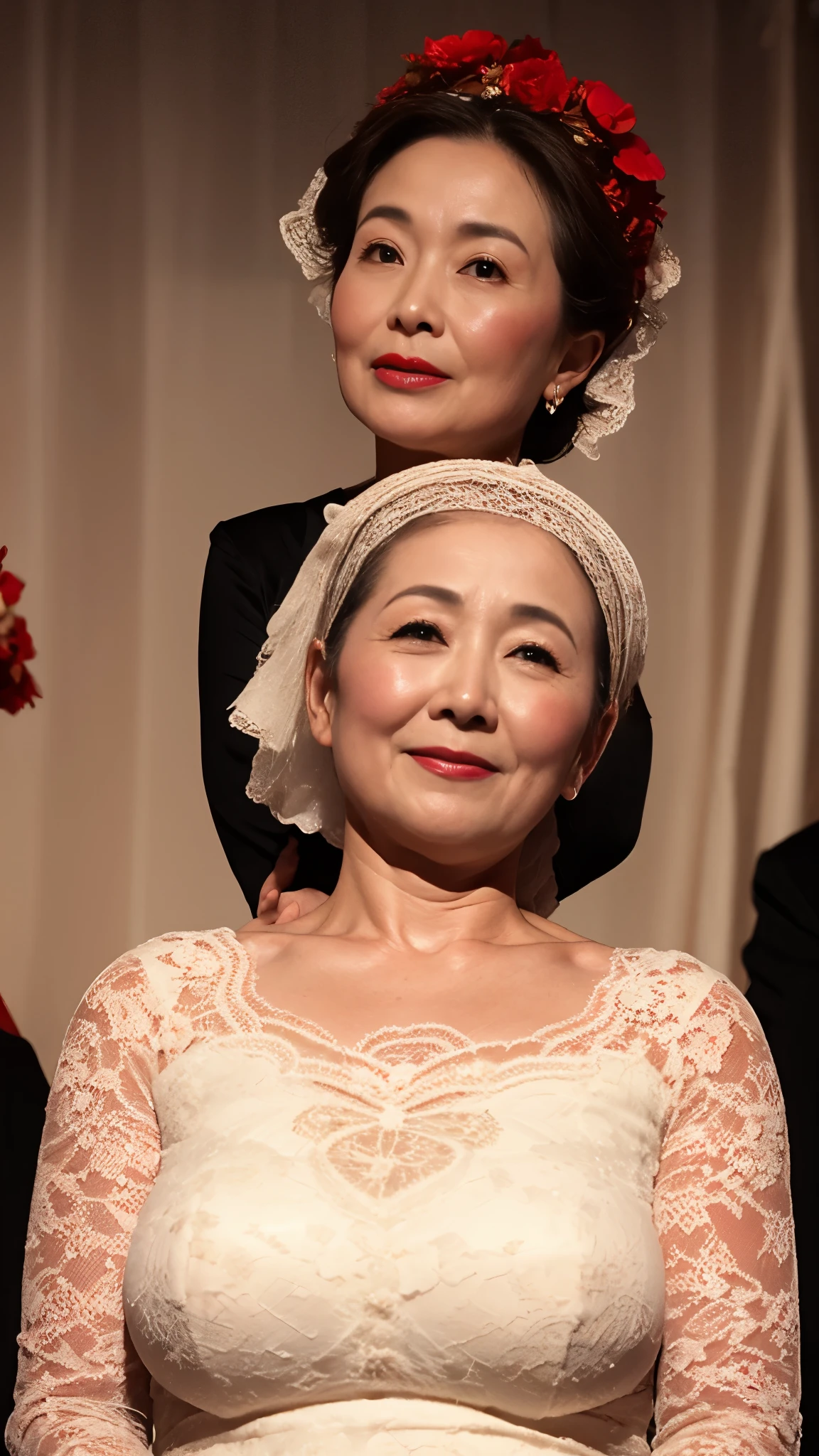 remove background, gravure, (old face), in the spotlight, describe the lips correctly, red lipstick, from the chest up, Wedding dress, Flashy face, highest quality, Super detailed, realistic, super dense skin, perfect beauty, (Aunt), (erotic), 120 years old, big breasts, Bewitching, Glamour, sexy, pure white skin, looking at the viewer,