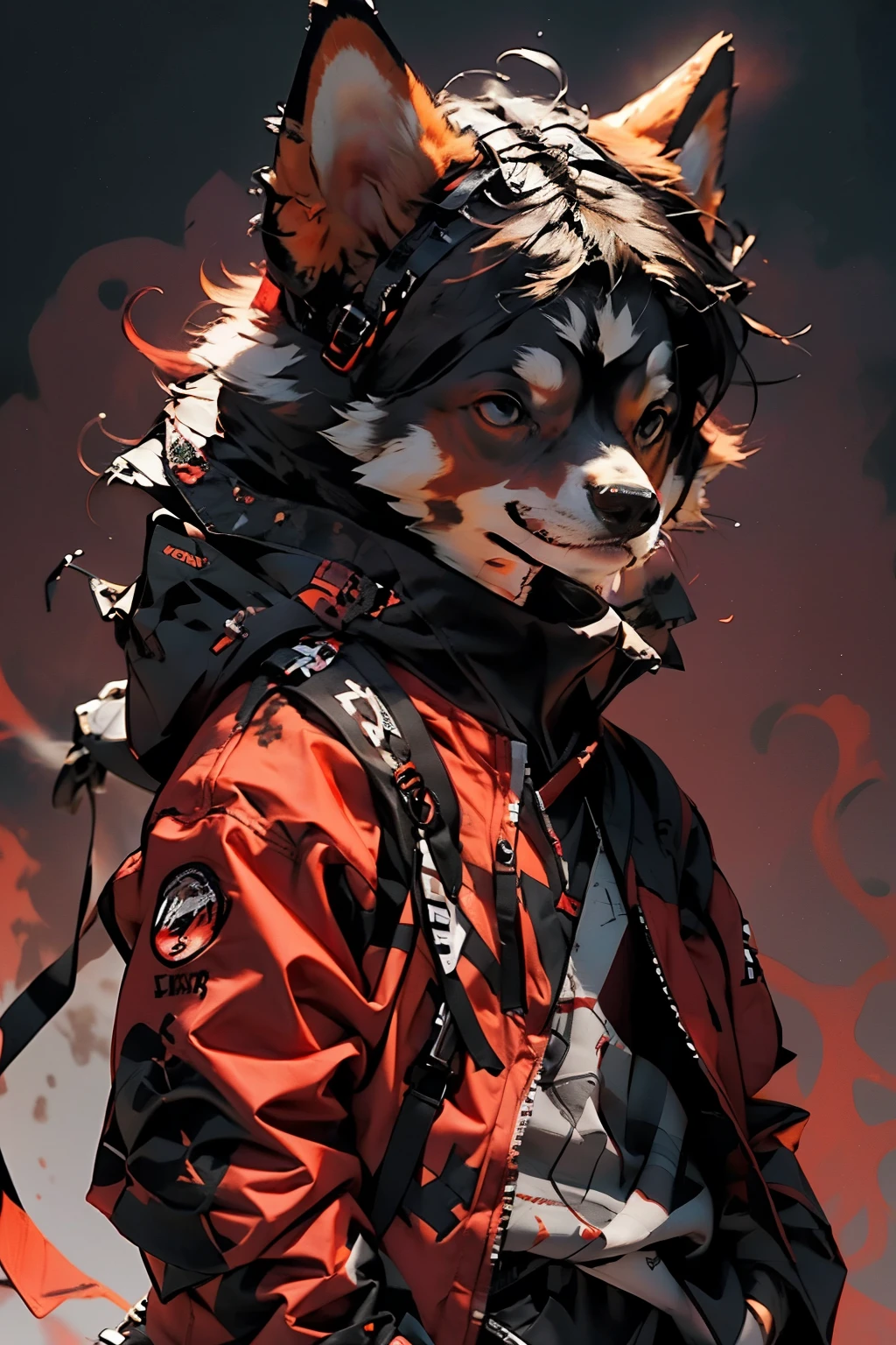 a humanoid dog with techwear clothes, and crimson red techwear, in inferno background