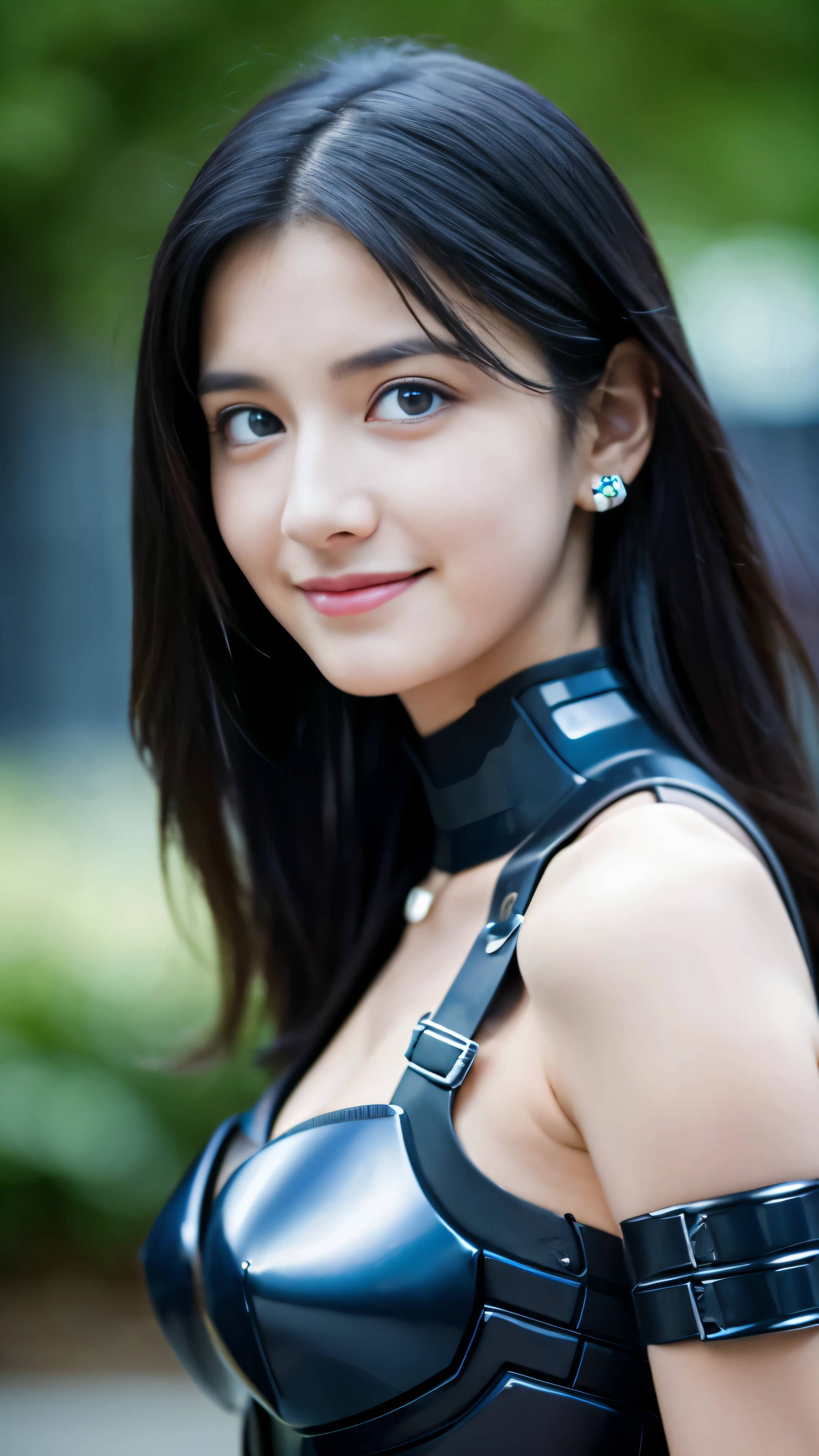 1girl, armor, black_hair, blurry, blurry_background, blurry_foreground, breasts, blue_eyes, closed_mouth, depth_of_field, earrings, jewelry, long_hair, looking_at_viewer, smile, solo, upper_body