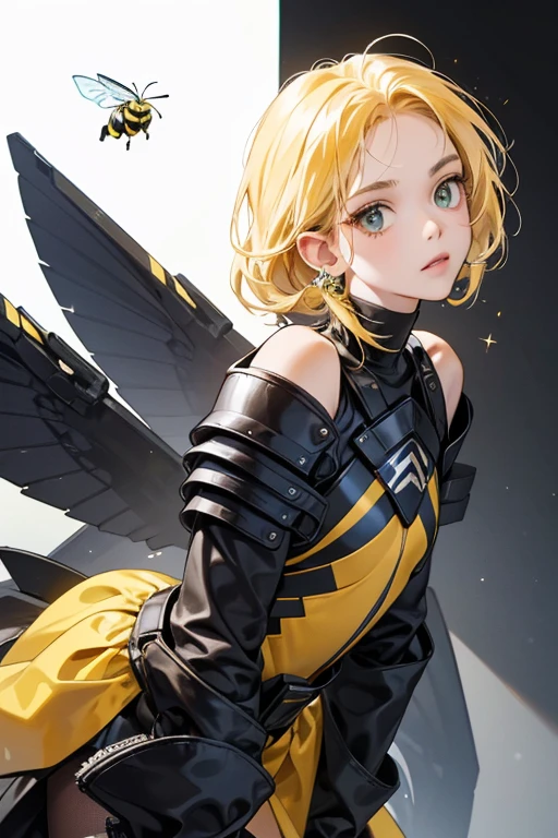 Blonde young woman with short shoulder-length hair, with a yellow cloak that covers his shoulders with some cute details, and a patch with a bee symbol