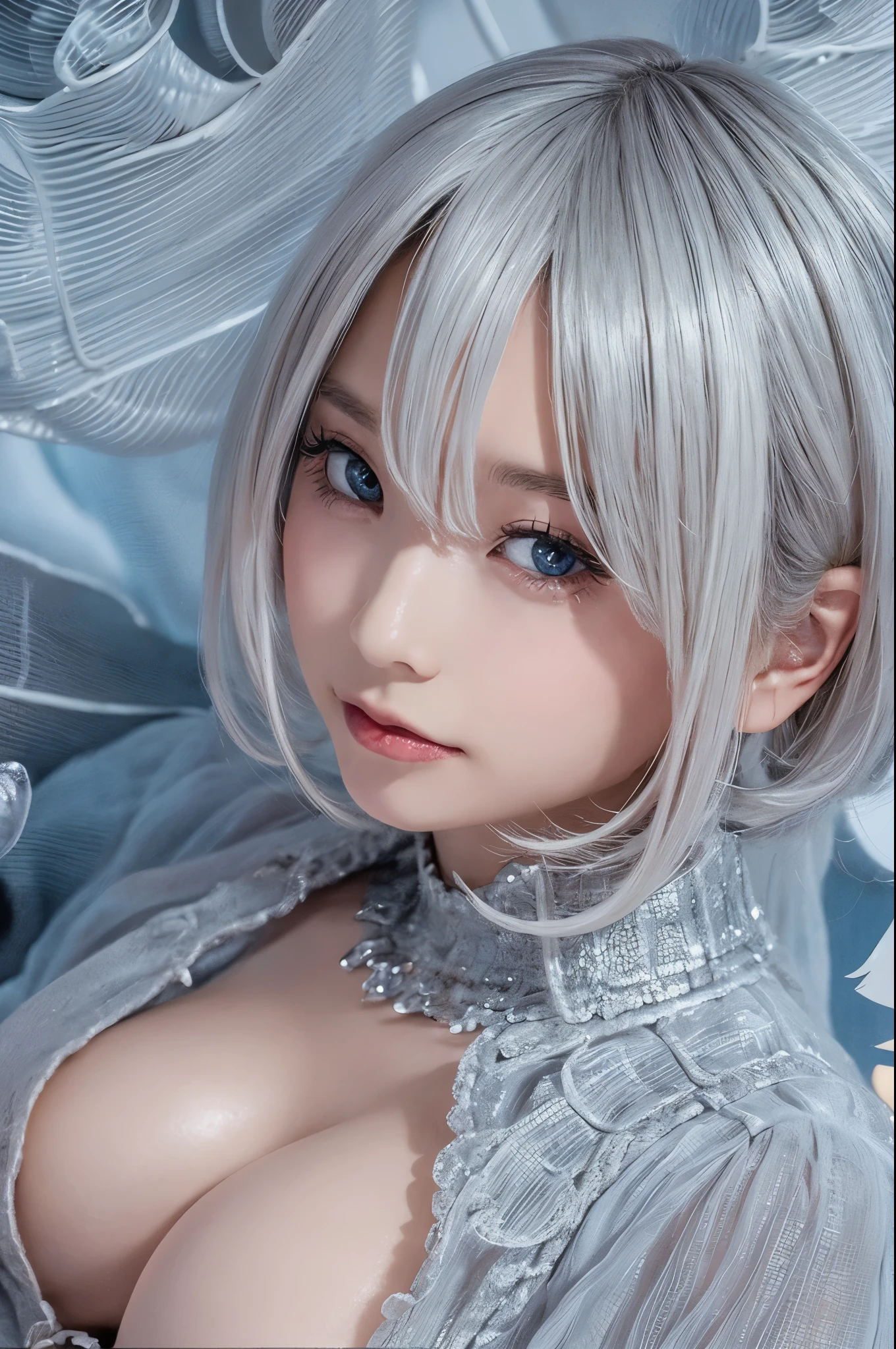 ((high quality)),table top,(Detailed depiction of local details:1.2),1 Japanese girl,(plump breasts:1.3),Enchanted Valley,closed mouth,eyelash,looking at the viewer,portrait,alone,Upper body,gray hair,white theme,short hair,silver hair,Yoruhano. 2 Type B,