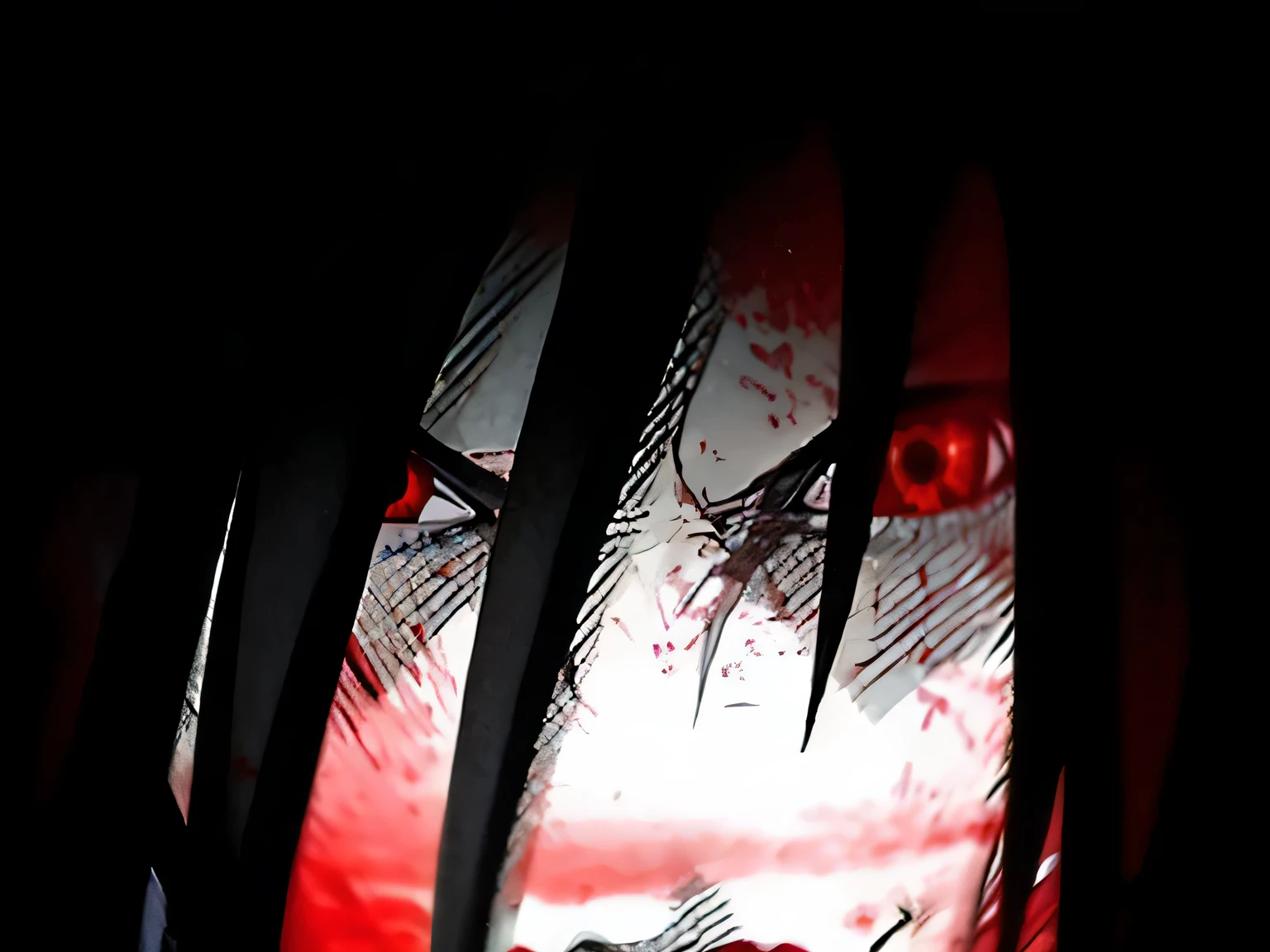 there is a picture of a creepy looking picture of a person, with red glowing eyes, gapmoe yandere grimdark, highly detailed angry anime face, portrait gapmoe yandere grimdark, red eyes glowing, his eyes are bleeding intense, with glowing red eyes, shinigami, fully red eyes no pupils, madara uchiha, itachi uchiha, sharingan, 3-tomoe sharingan