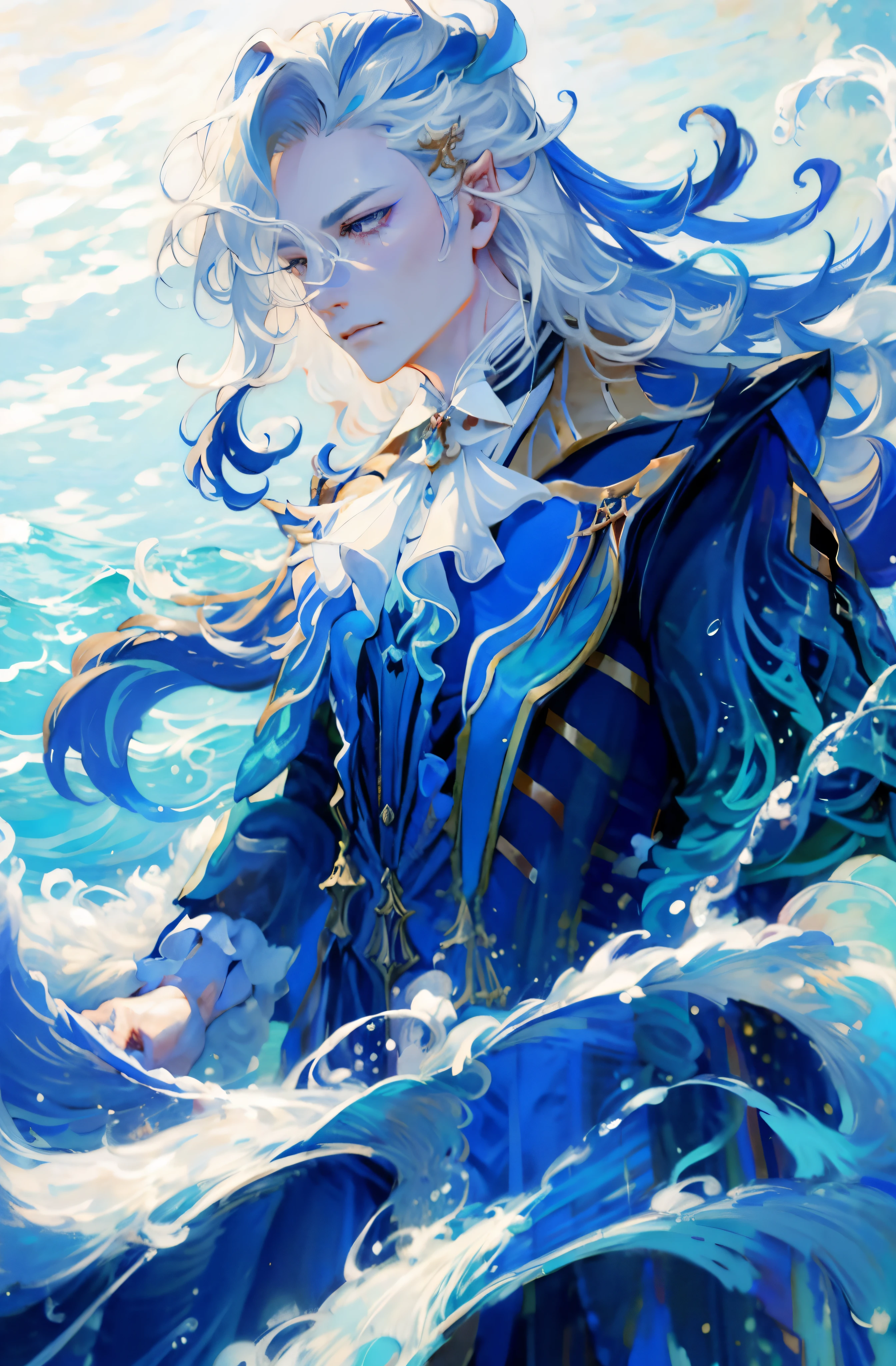 1 mature man colo, Long white hair with blue streaks, Blue clothes, Water waves in the background