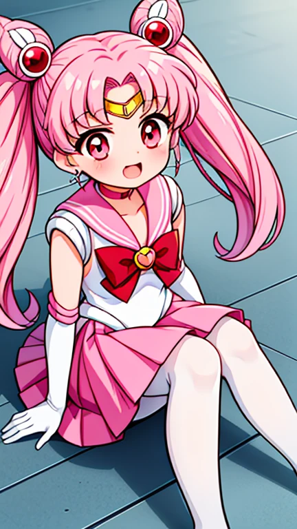 sailor moon，Cute little ****，Pink hair twintails，red eyes，Sailor suit，bow tie，White elbow gloves，red skirt，no shoes，white pantyhose，Open your mouth，laughing out loud，sitting