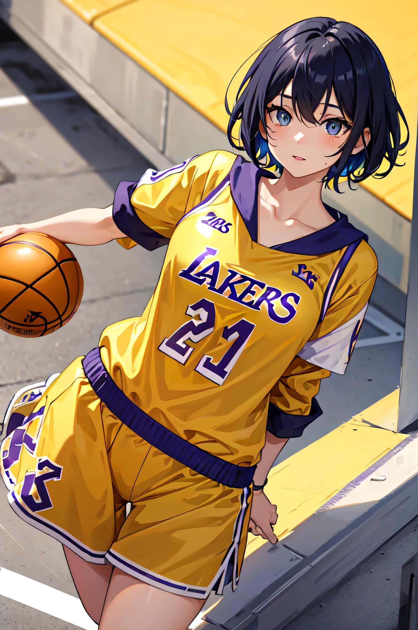 1girl,Lakers yellow basketball uniform,short hair,black hair,light blue eyes