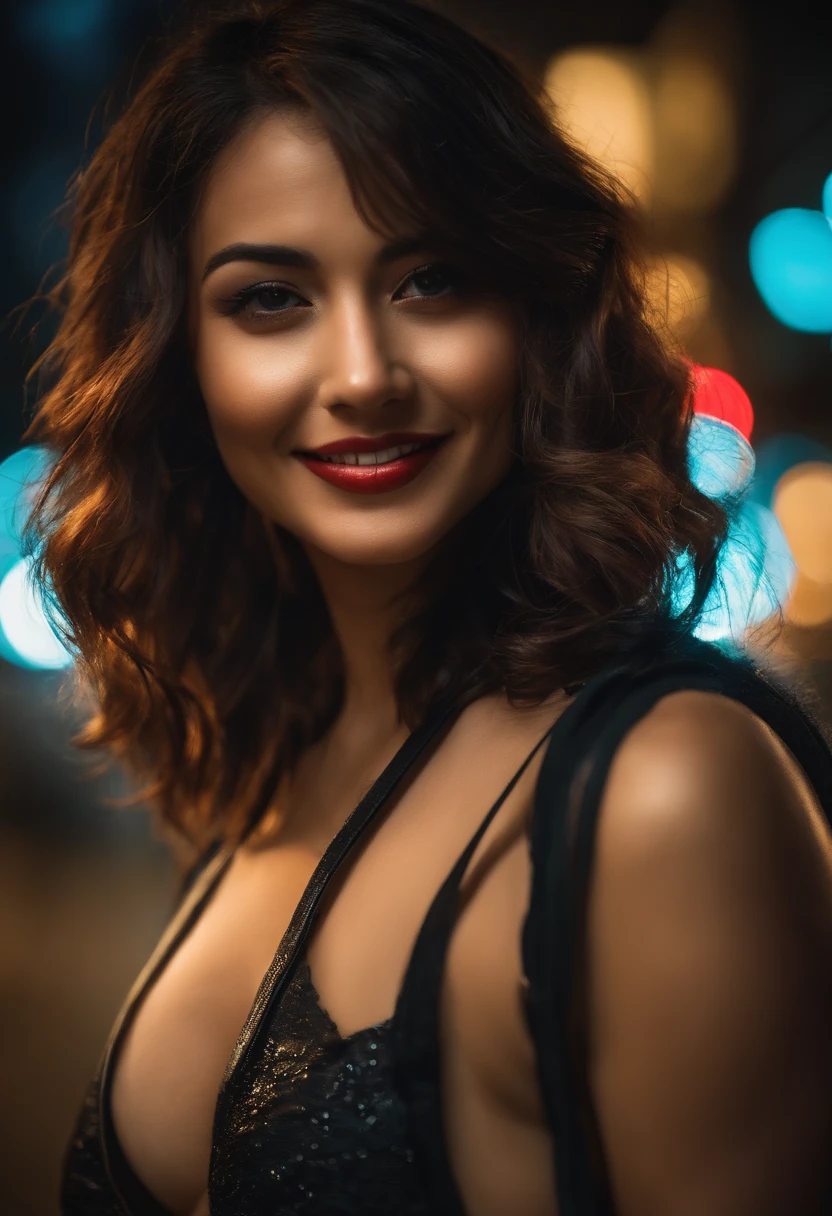 retrato aproximado de Sksman, sorridente ,mulher android, sensual Tokyo com chuva, usando cosplay de blade runner , com corte de cabelo muito curto , cyberpunk street background at night, epic (foto, studio lighting, luz forte, sony a7, 50mm, pele fosca, poros, cores, hiperdetalhado, hiperrealista),