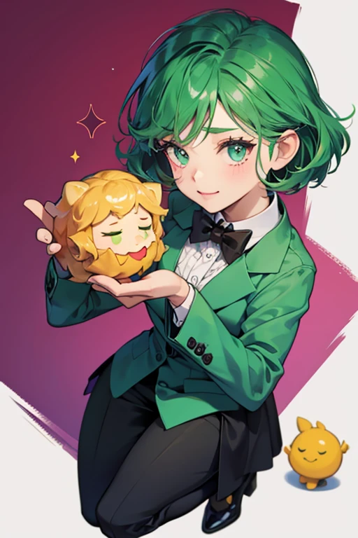 Before Simon is digested by GOLB, Butterscotch Butler appears as a small candy person made of butterscotch hard candy. She wears a dark green suit with a bright green bowtie and matching green dress shoes. Unlike most characters, she is typically drawn with eyelids and eyelashes. SPARKLE; GLITTER