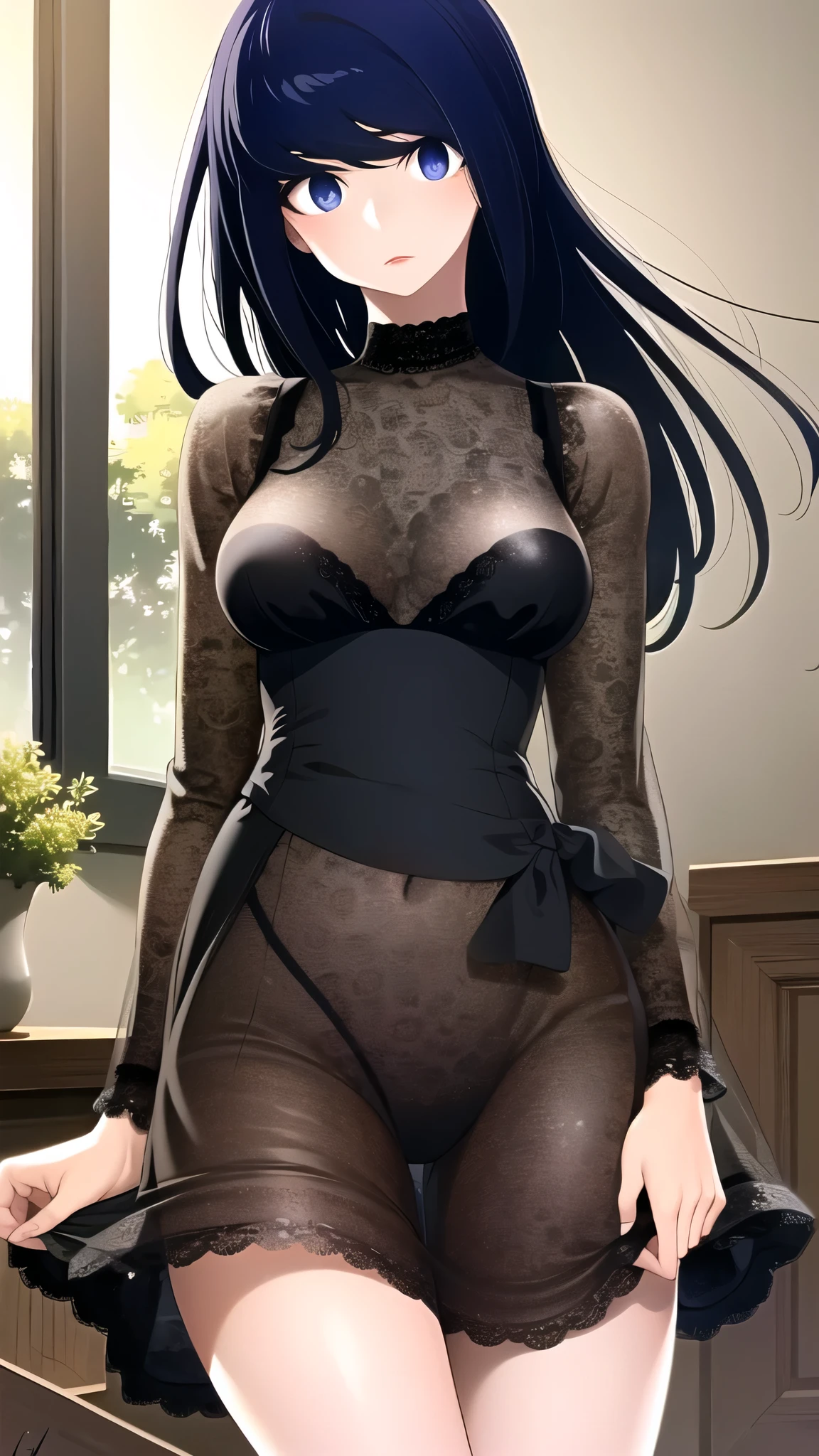 best quality, masterpiece, 4r4h, black dress, looking at viewer,