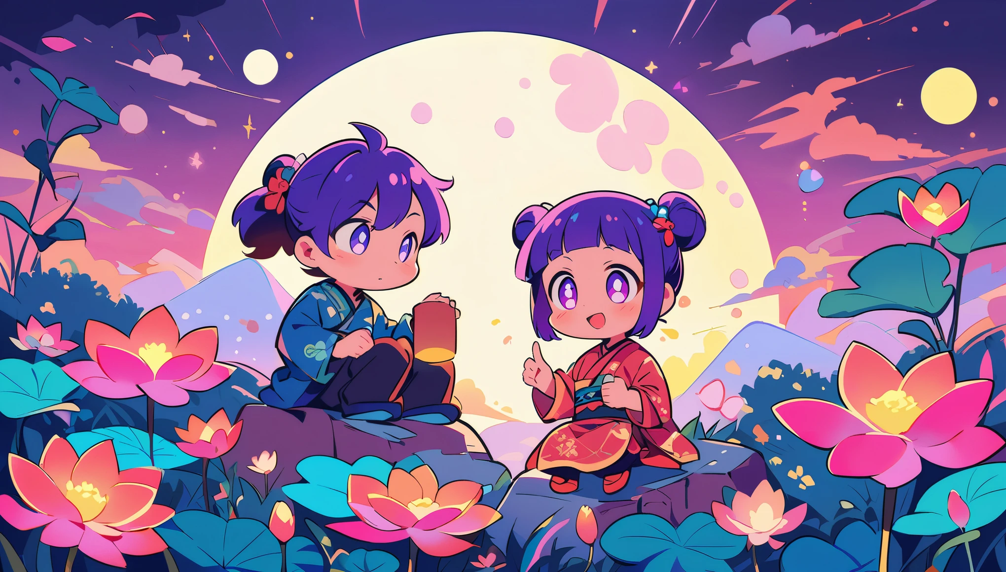 A couple sitting on the moon, surrounded by glowing lotus flowers in pink and purple colors, in the cartoon style, with a Chinese New Year atmosphere, bright moonlight shining in their eyes, with an illustration of a large white full Moon behind them. 