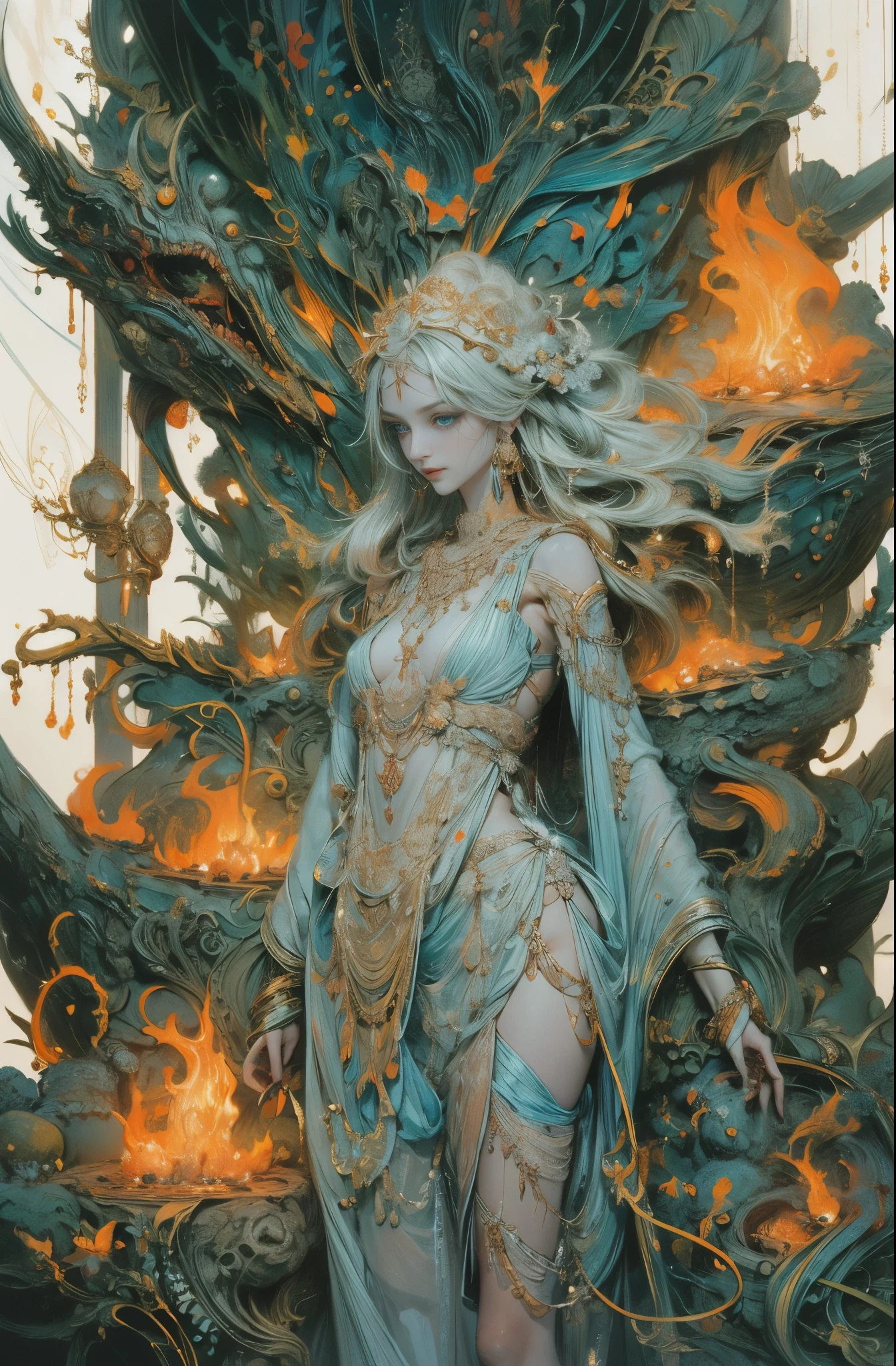 orange tone, spirit of flame, burning flame, Scorching Magma,goddess of fire, Raging flames, Goddess of Wrath, 4K fantasy art, Written by Gene Jay., fantasy art style, 2. 5D CGI Anime Fantasy Artwork, epic fantasy art style hd, Epic fantasy digital art style, detailed fantasy art, Detailed digital 2D fantasy art, Luan Jia and Artgerm, 8K fantasy art, sharp outline, very fine and beautiful eyes, Beautiful and delicate blue eyes, pretty much beautiful face, unparalleled beauty, masterpiece, highest quality, perfect angle, perfect composition, best shot, official art, cinematic light, very beautiful and fantastic scenery, chivalry dream, sense of presence, Michael'S letter, Christoph Huge 、Ultra-precision coating, luminism, art by Carne Griffiths and What a bone concept art, 4K resolution, Fractal isometricdetailed bioluminescence , 3D rendering, octane rendering, intricately detailed , cinematic, Trending isometric surreal cover photos、art station'amazing full color, handwritten, Defining a hit , cinematic,amazing background, abstract beauty,stand, approaching perfection, pure form, golden ratio, minimalistic, unfinished, concept art, Written by Brian Froud、khan griffith、What a bone、john william waterhouse, intricate details, 8K post production, High resolution, hyper detail, art stationのトレンド, studio photography, intricate details, Extremely delicate and detailed painting style, Beautiful painting art, greg latkowski, close, women only