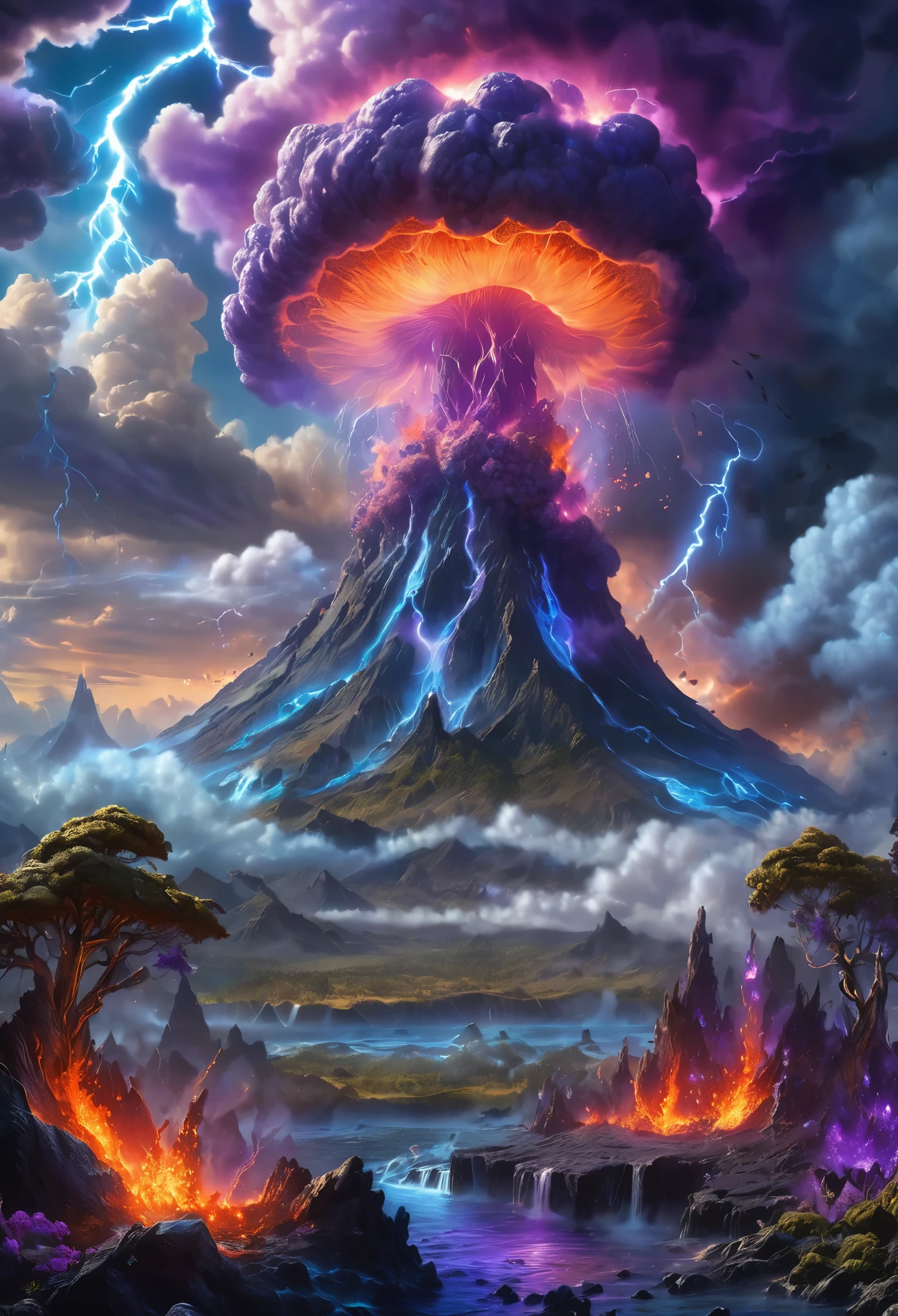 volcanoes,fire glow,blastolten lava,dense smoke,Nuclear explosion mushroom cloud explosion site,Pair with purple and blue gemstones, fantasy highly detailed, With gorgeous magic lightning rings, magia, beautiful detailed fantasy, hyper-high detail, , magic fantasy highly detailed, stuning fantasy 3 d render, Inspired by L. A, Highly detailed aesthetics, hyper-high detail