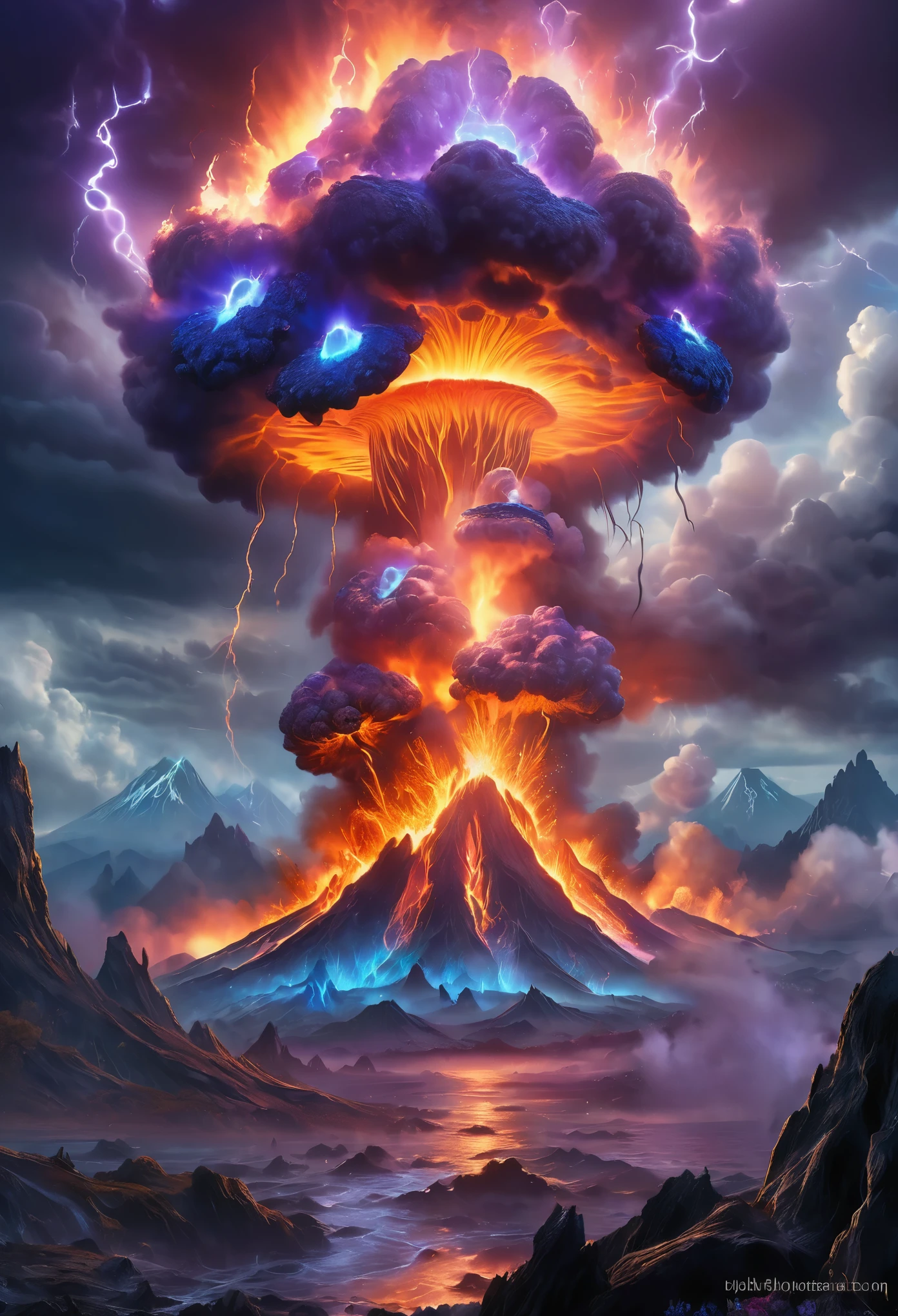 volcanoes,fire glow,blastolten lava,dense smoke,Nuclear explosion mushroom cloud explosion site,Pair with purple and blue gemstones, fantasy highly detailed, With gorgeous magic lightning rings, magia, beautiful detailed fantasy, hyper-high detail, , magic fantasy highly detailed, stuning fantasy 3 d render, Inspired by L. A, Highly detailed aesthetics, hyper-high detail
