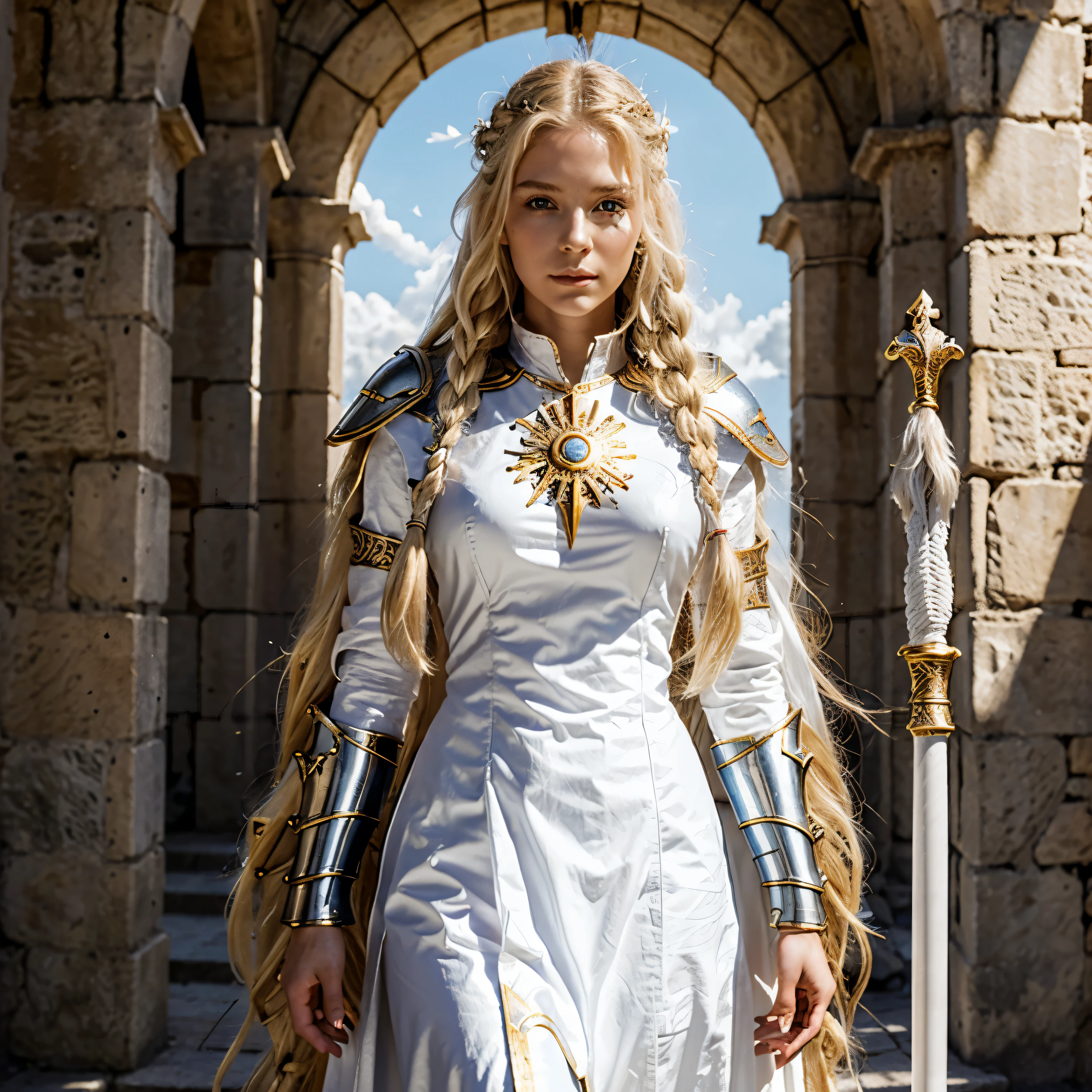 PixArt, rpg character, 25 years old, wearing full armor, long white magic staff, long blond hair, braided hair, symbole du soleil-levant, priestess of the sun