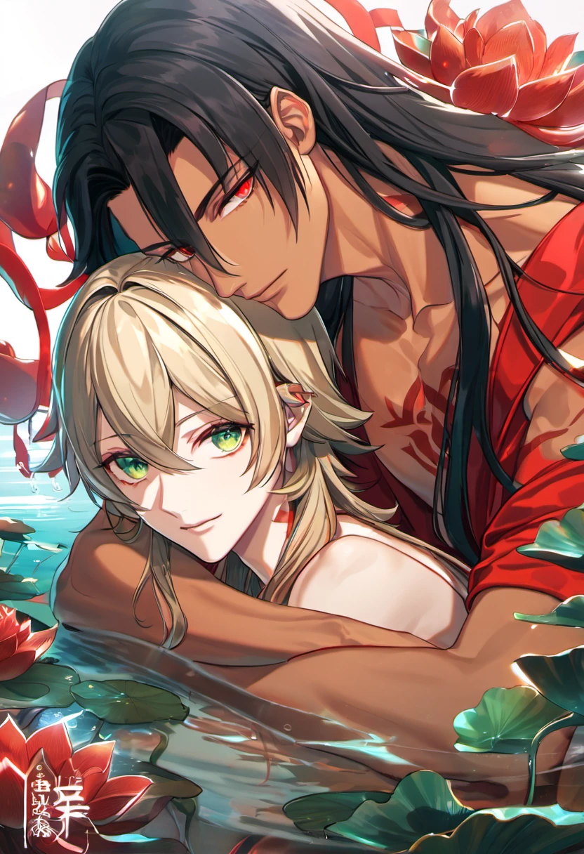 (absurdres, highres, ultra detailed, HDR), master piece, best quality, vibrant red eyes, Asura, onmyoji, black long hair, tanned skin, red mark on the forehead, red marks on the chest, Taishakuten, ash blond hair, hair between the eyes, vibrant green eyes, 2 gay men hugging, handsome, water, lotus