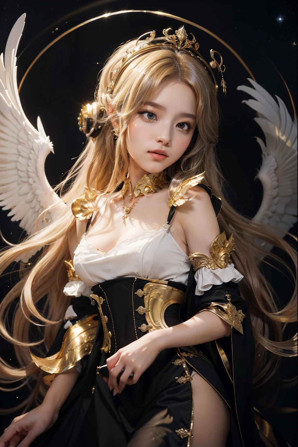 Angel, ((female (sophisticated and enchanting))), white feathered wings, shimmering ethereal robes, ((black eyes (deep piercing))), ((golden curls (cascade of))), specializes in music and art, soft voice, calming presence, ((celestial muse)), ((maid))