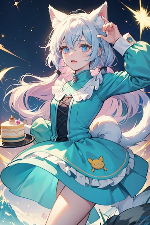 , she has blue eyes, but it was later changed to white eyes with black pupils, and later blue eyes again in the Fionna & Cake sequel series. Her pupils become circular if surprised, excited, shocked, or scared. She has a cat muzzle and a small nose (compared to Jake's), cat ears, white fur with many coffee colored spots, and a large, bushy tail. When Fionna and Cake race Prince Gumball and Cake runs up the mountain, she has claws on her front paws. SPARKLE; GLITTER