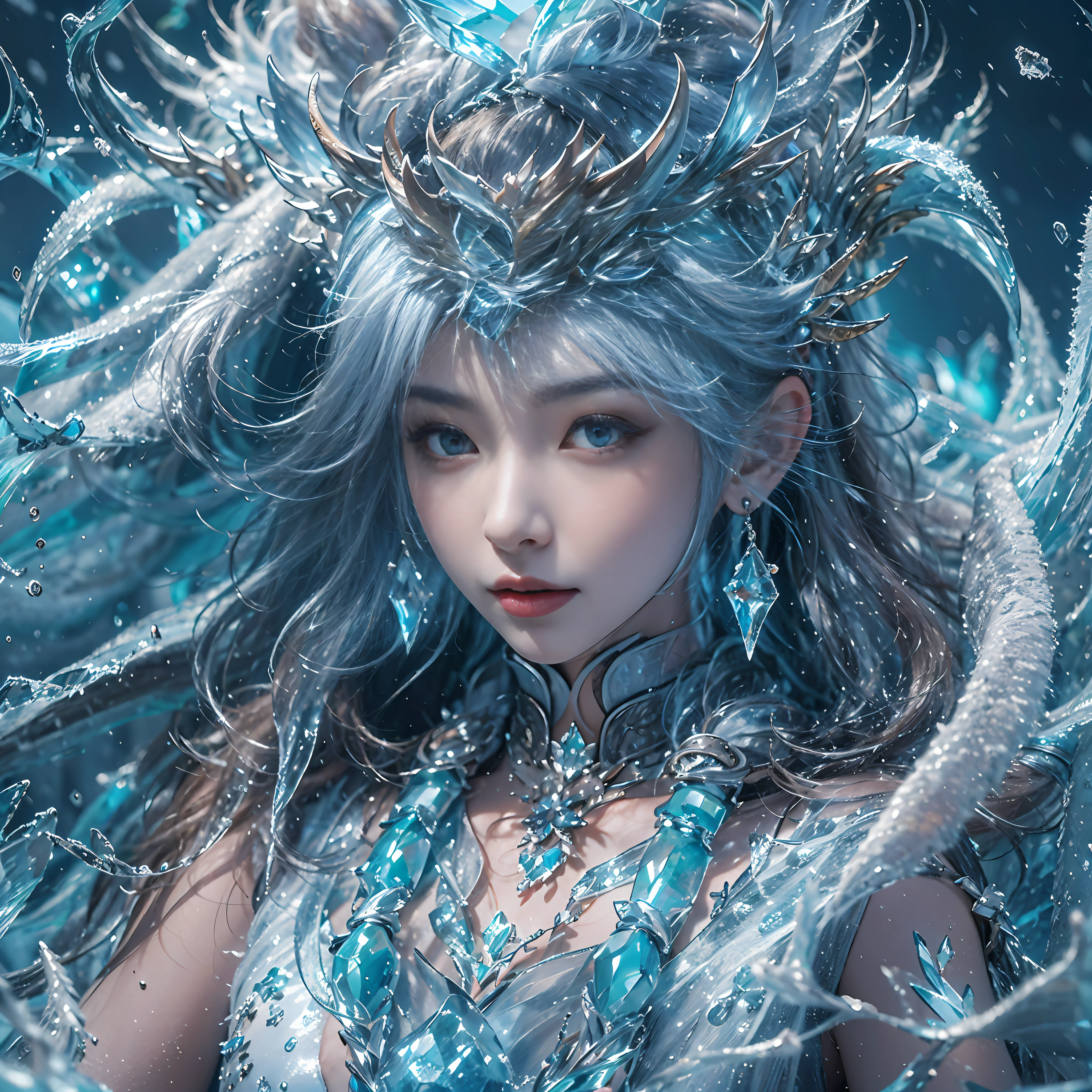 (((1girll)))，（Perfect facial features），（Wear send ancient Han），Upper body，Icy，Ice wings，（Ice Phoenix：1.2），Dispersed liquid，Crispy liquid，Air bubble，He stands on the water，Wave，Blue glow，（Frost wings），(((Powerful ice magic)))，(((Snowflakes)))，Towering above the landscape，Blue light cold light，(((عواصف Icyة)))，winds，((Flying snow, ice and snow))，Amazing results，,Best quality,com.tmasterpiece,Very high accuracy,Meticulously detailed,Complex details,8K resolution,8 KUCG background,Human development report,Blue water,The Magic Matrix,Cinematic lighting effects,Contrast of light and shadow，Track Ray、Nvidia RTX